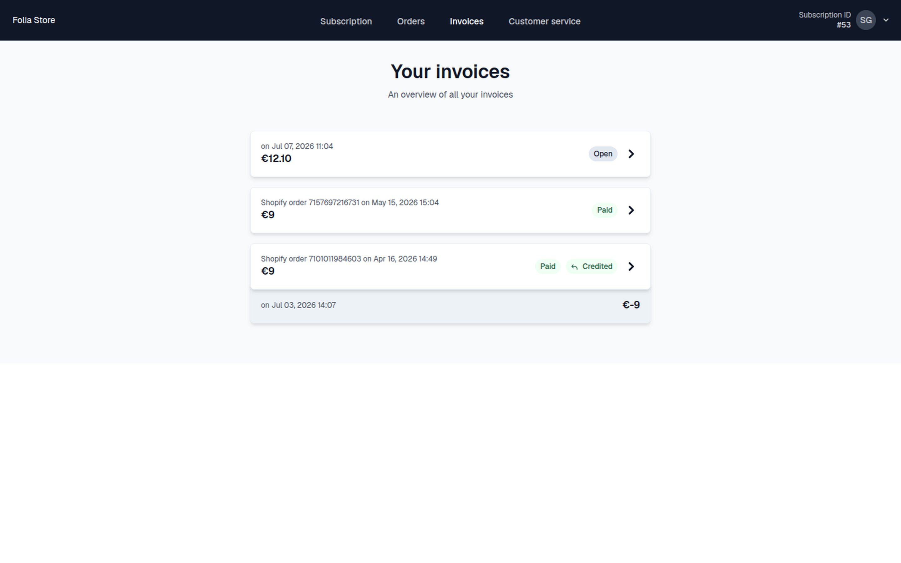 Invoices list in Self Service Center