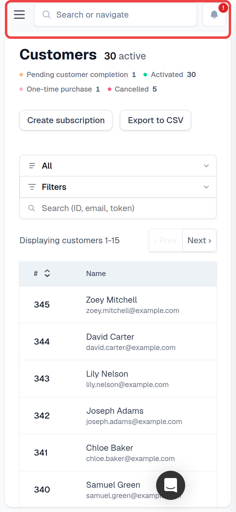 Mobile admin top bar with Search or navigate and notifications buttons