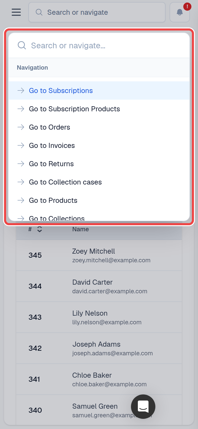 Mobile command palette showing navigation shortcuts