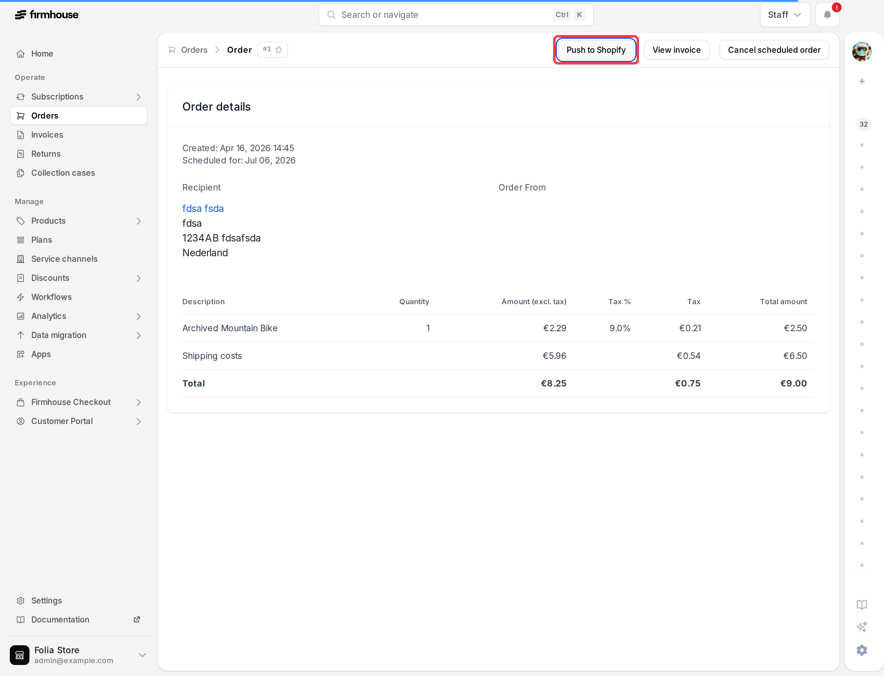 Scheduled order page with the Push to Shopify button highlighted
