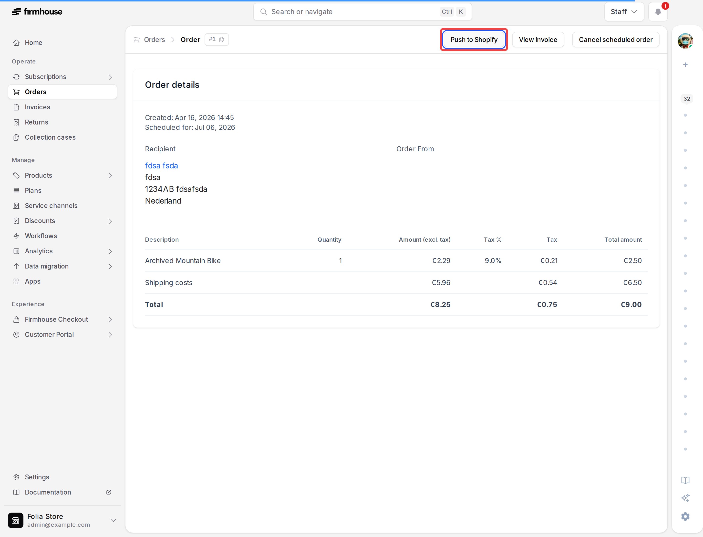 Scheduled order page with the Push to Shopify button highlighted