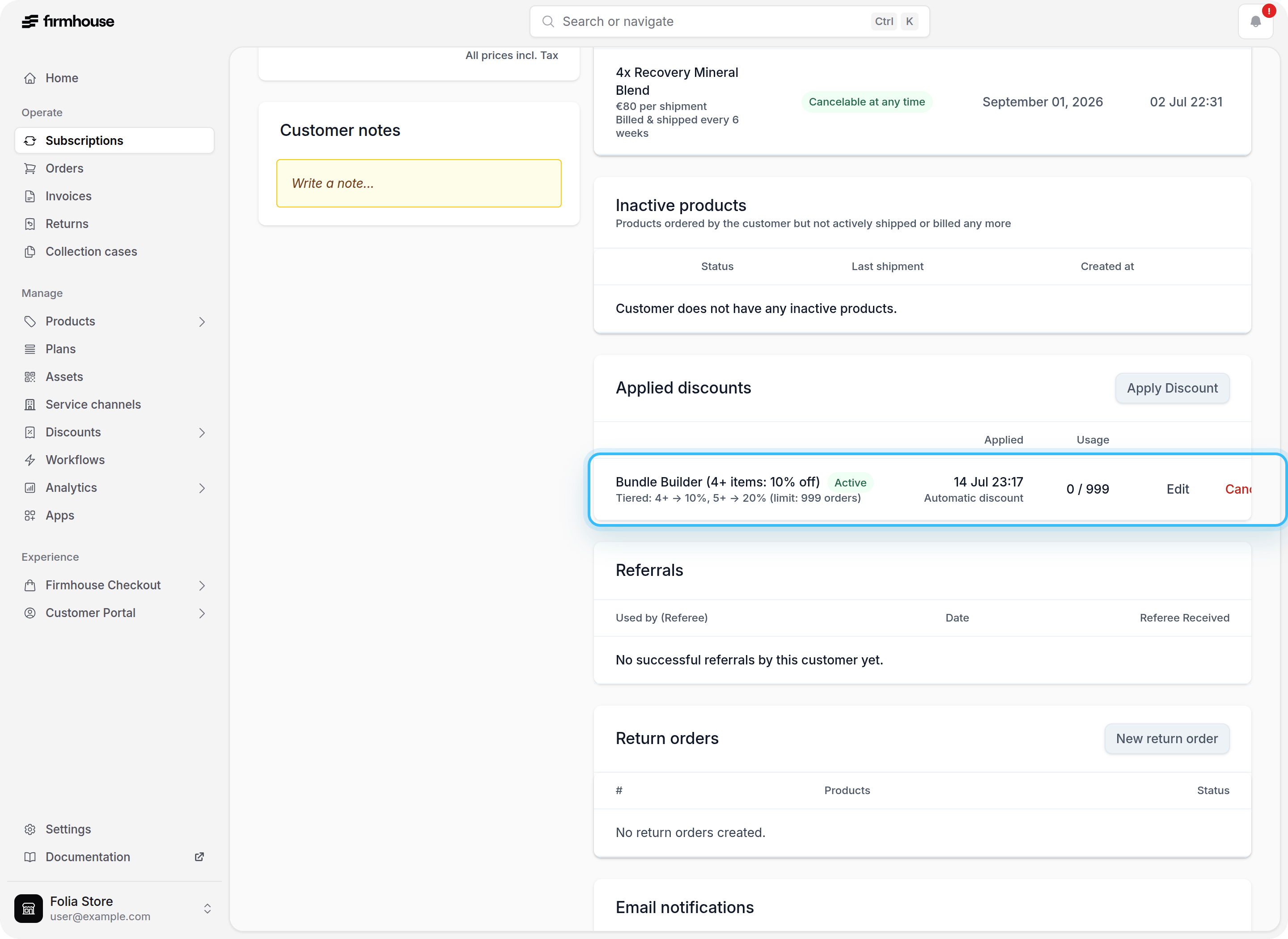 Firmhouse Portal - Subscription discount state after quantity update