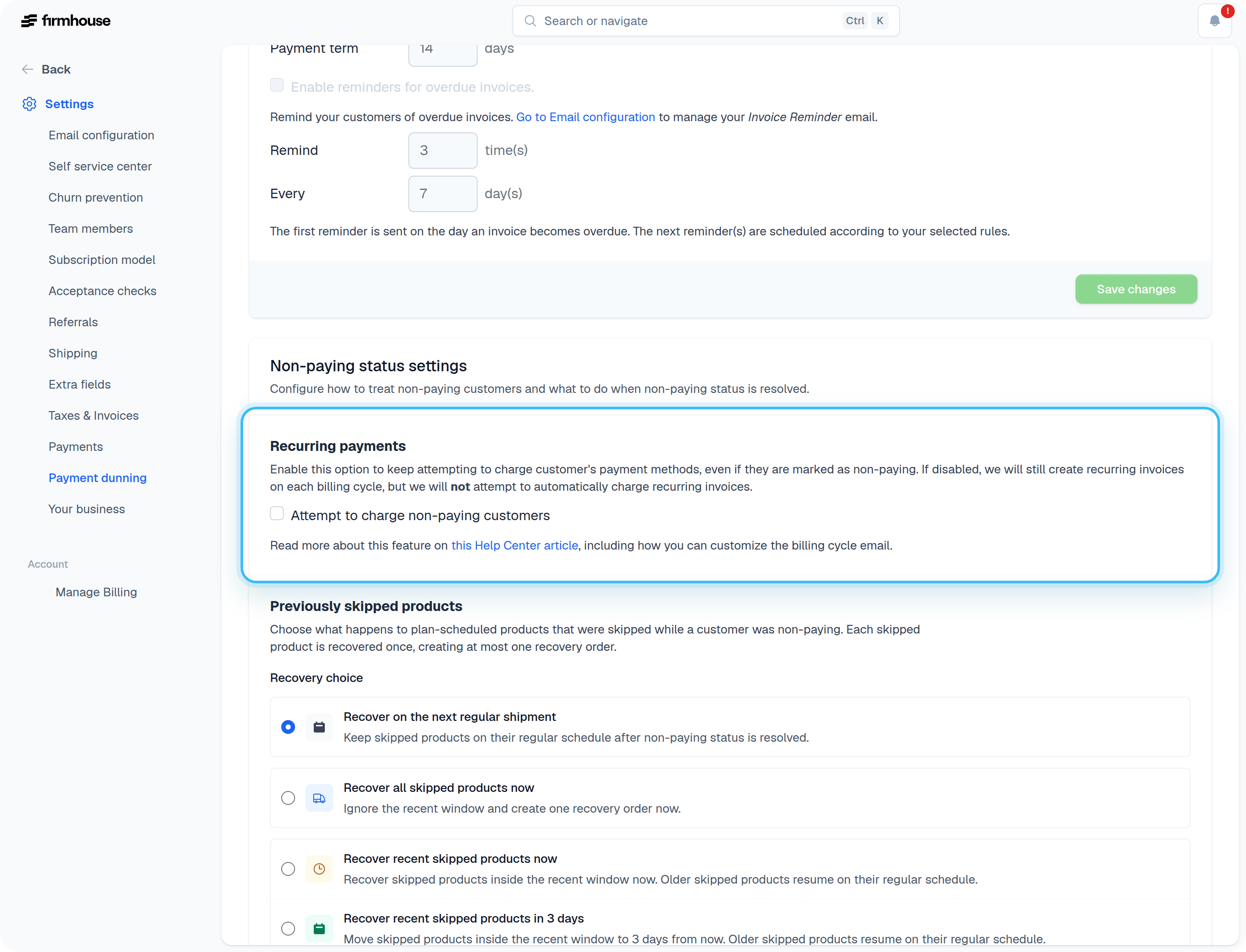 Payment Dunning settings with non-paying status section
