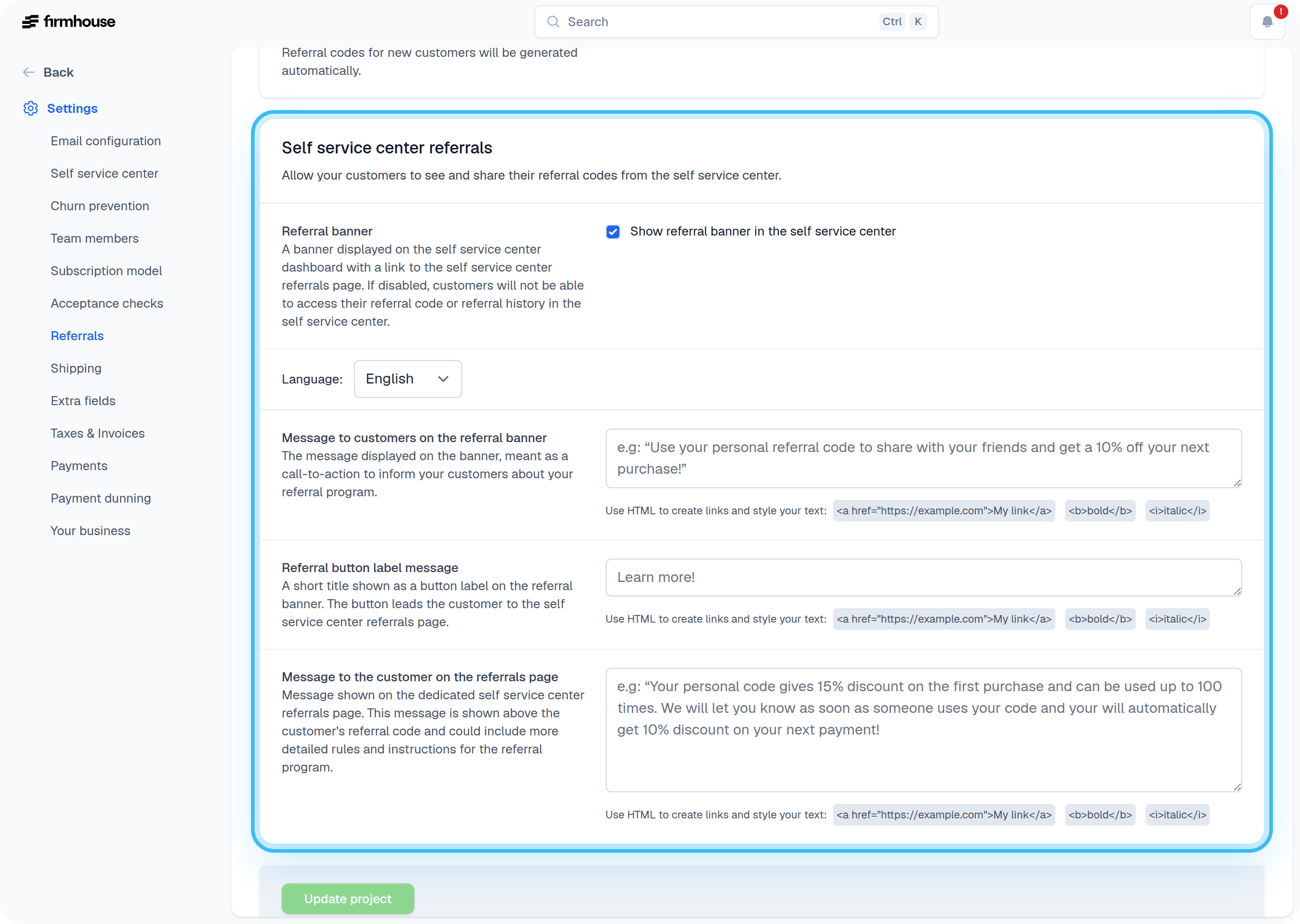 Referral banner text settings