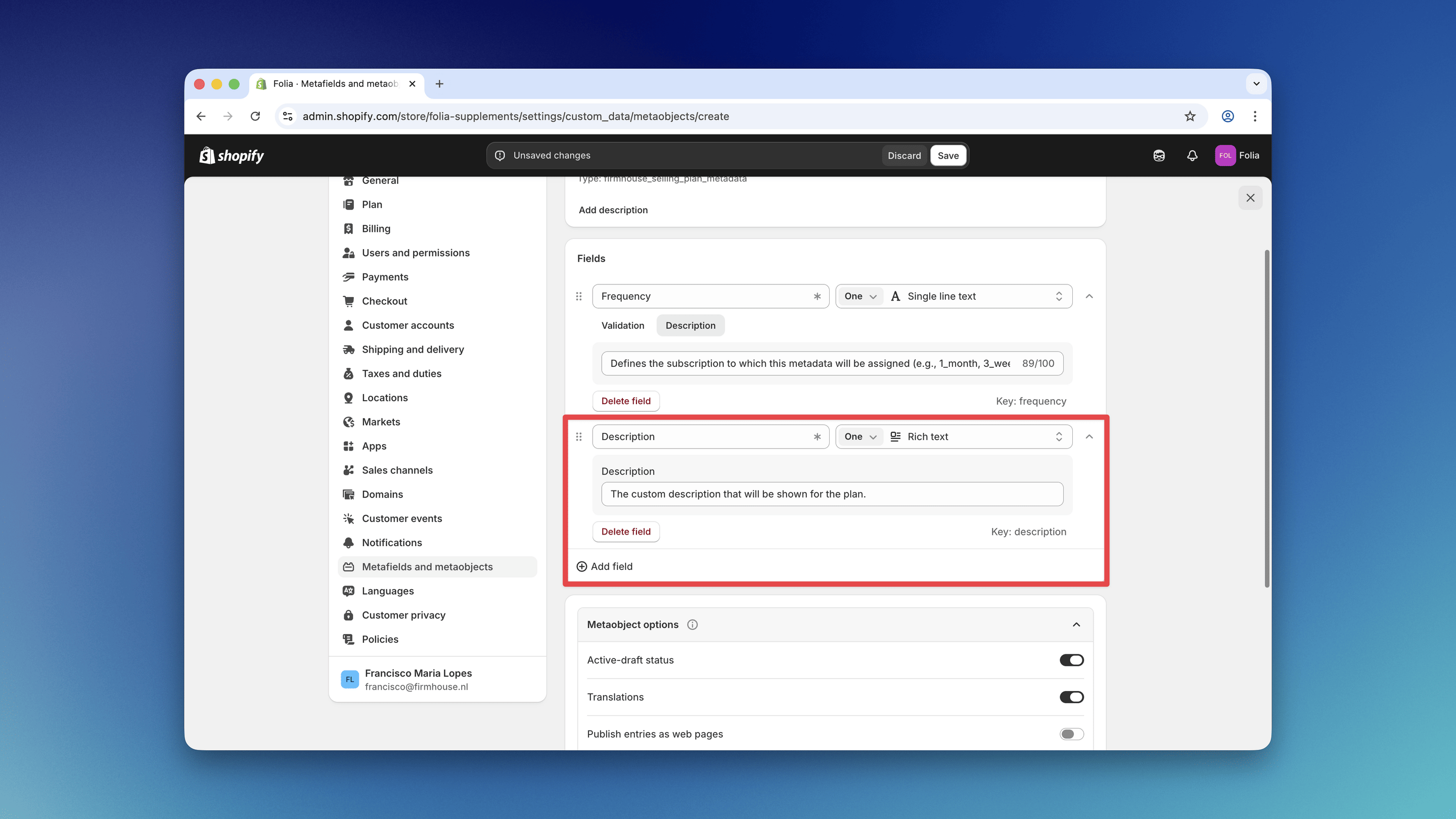 Description field configuration