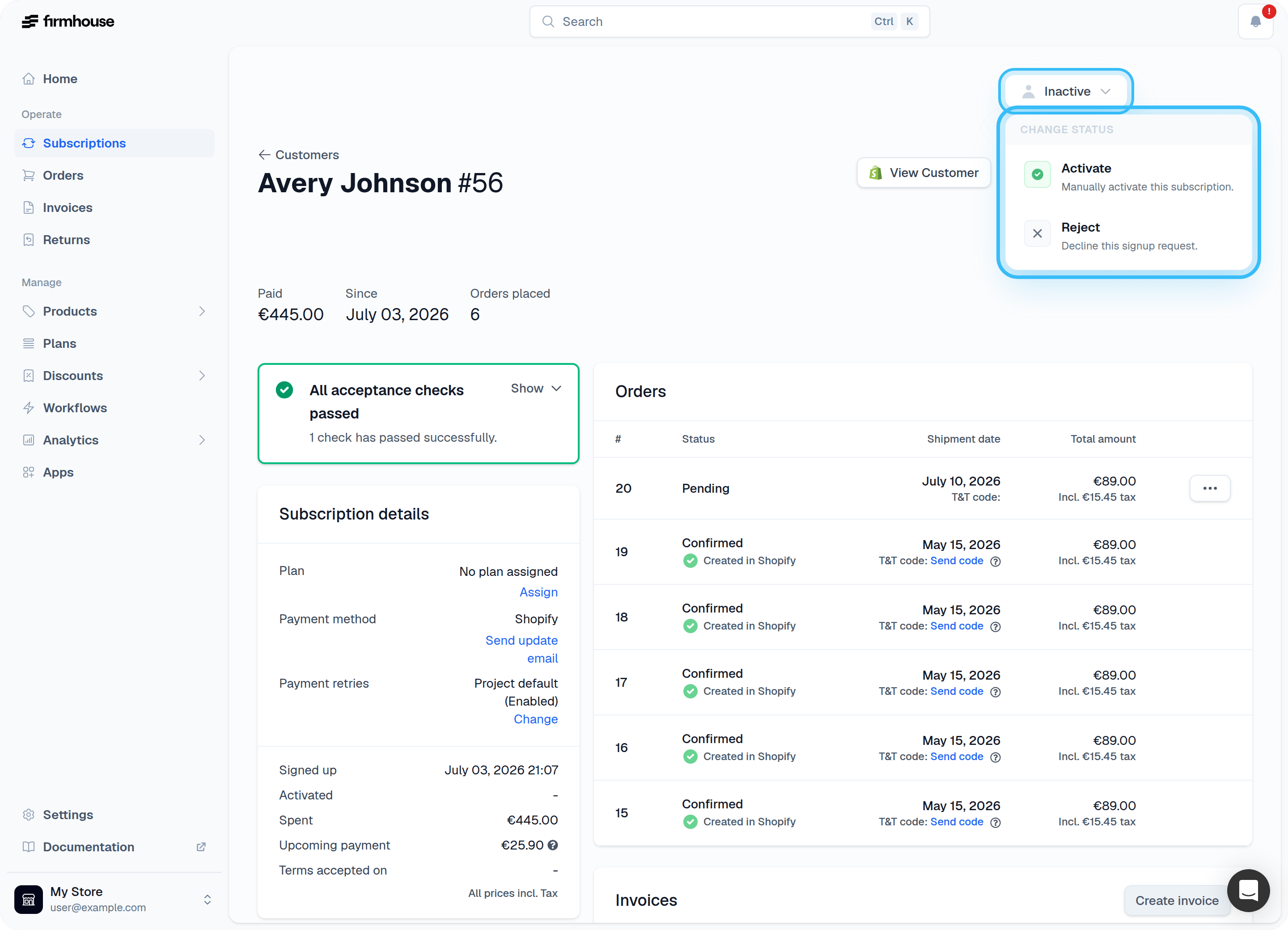 Customer detail page with activate/reject buttons