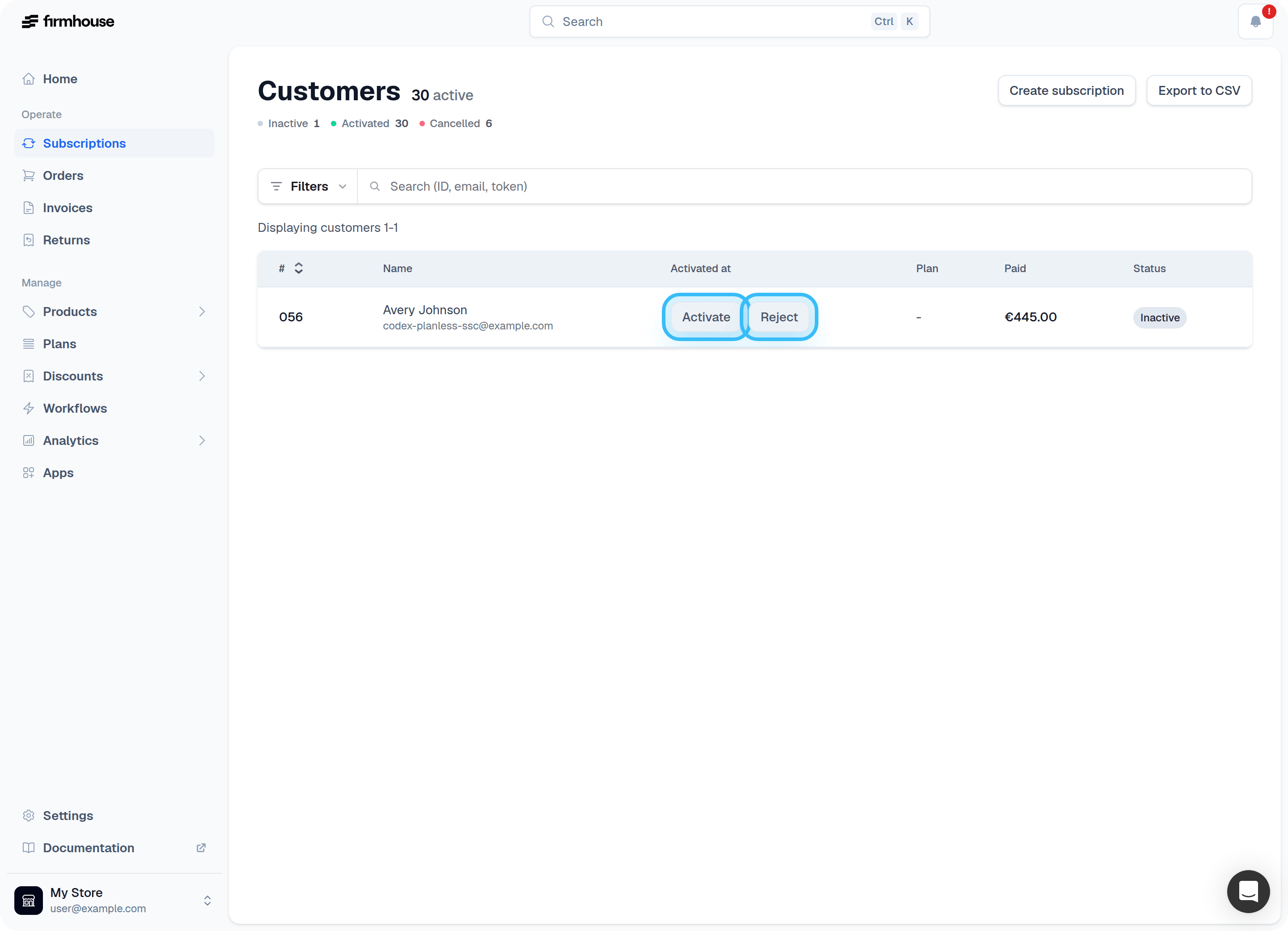 Customers overview with activate/reject options