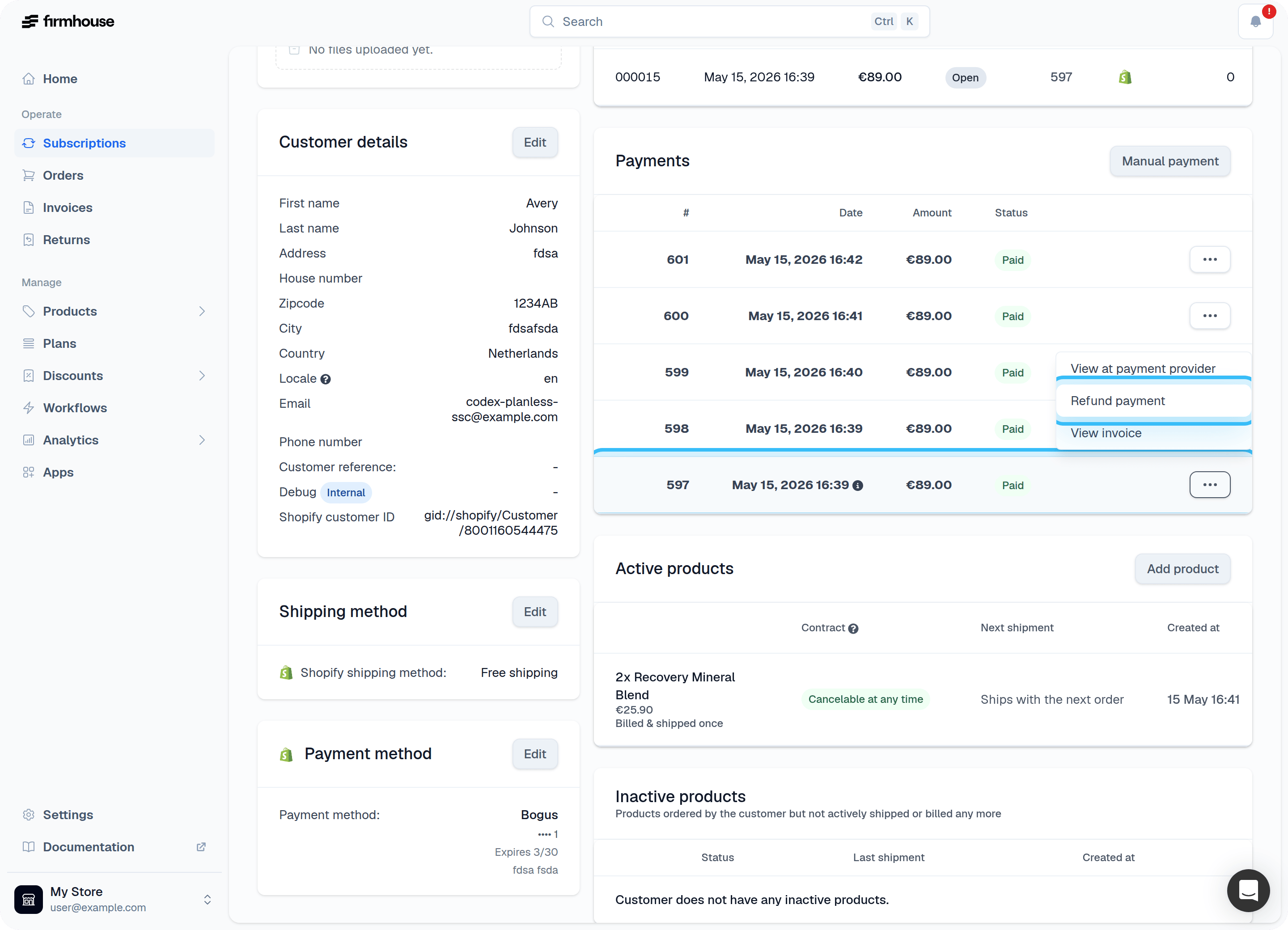 Payments section with refund option