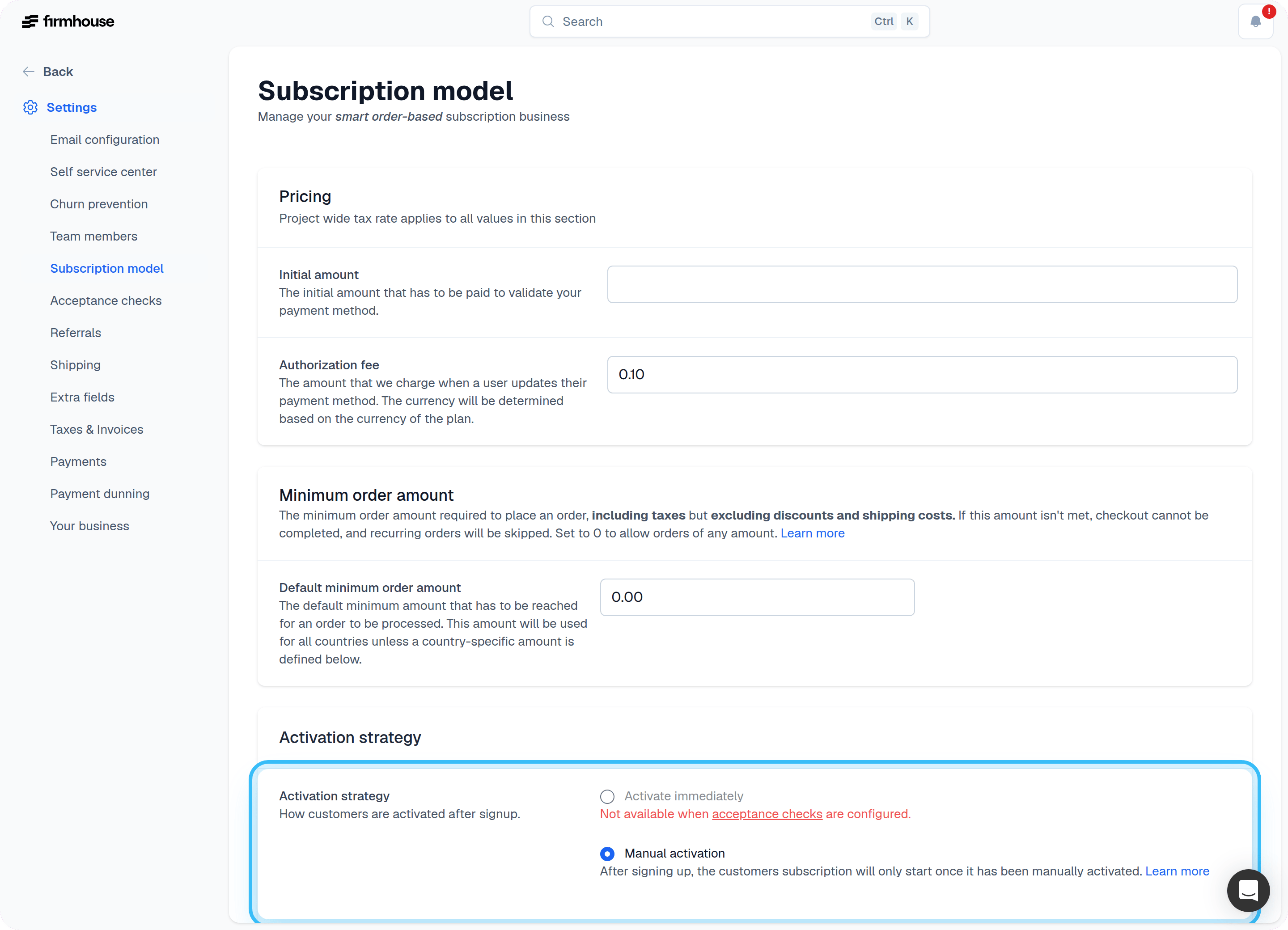 Activation Strategy setting in Subscription Model