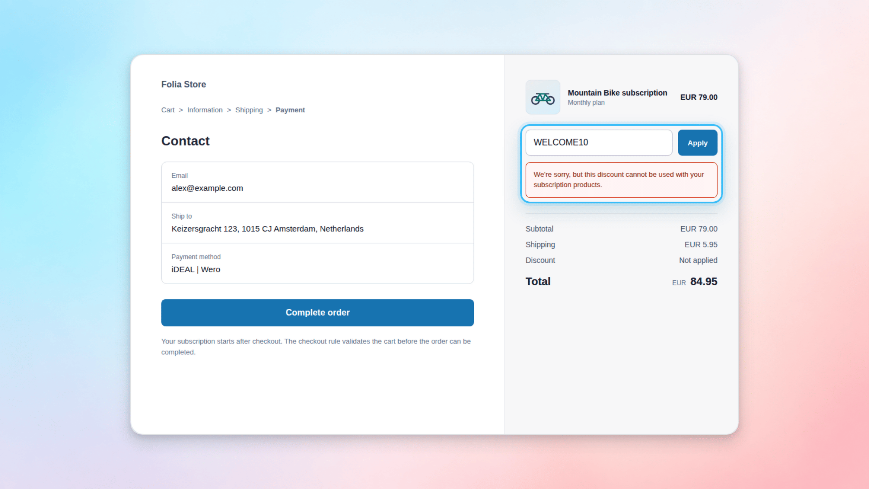 Discount error message for subscription products