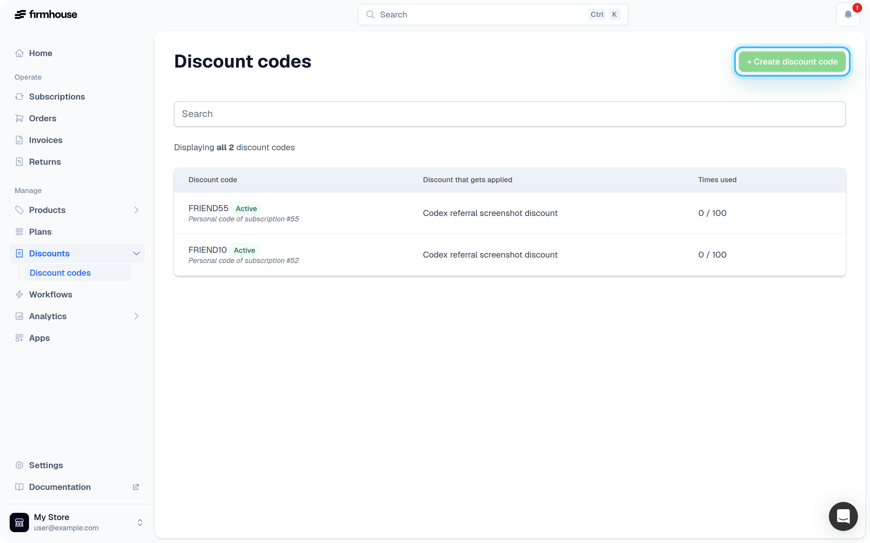 Discount codes page