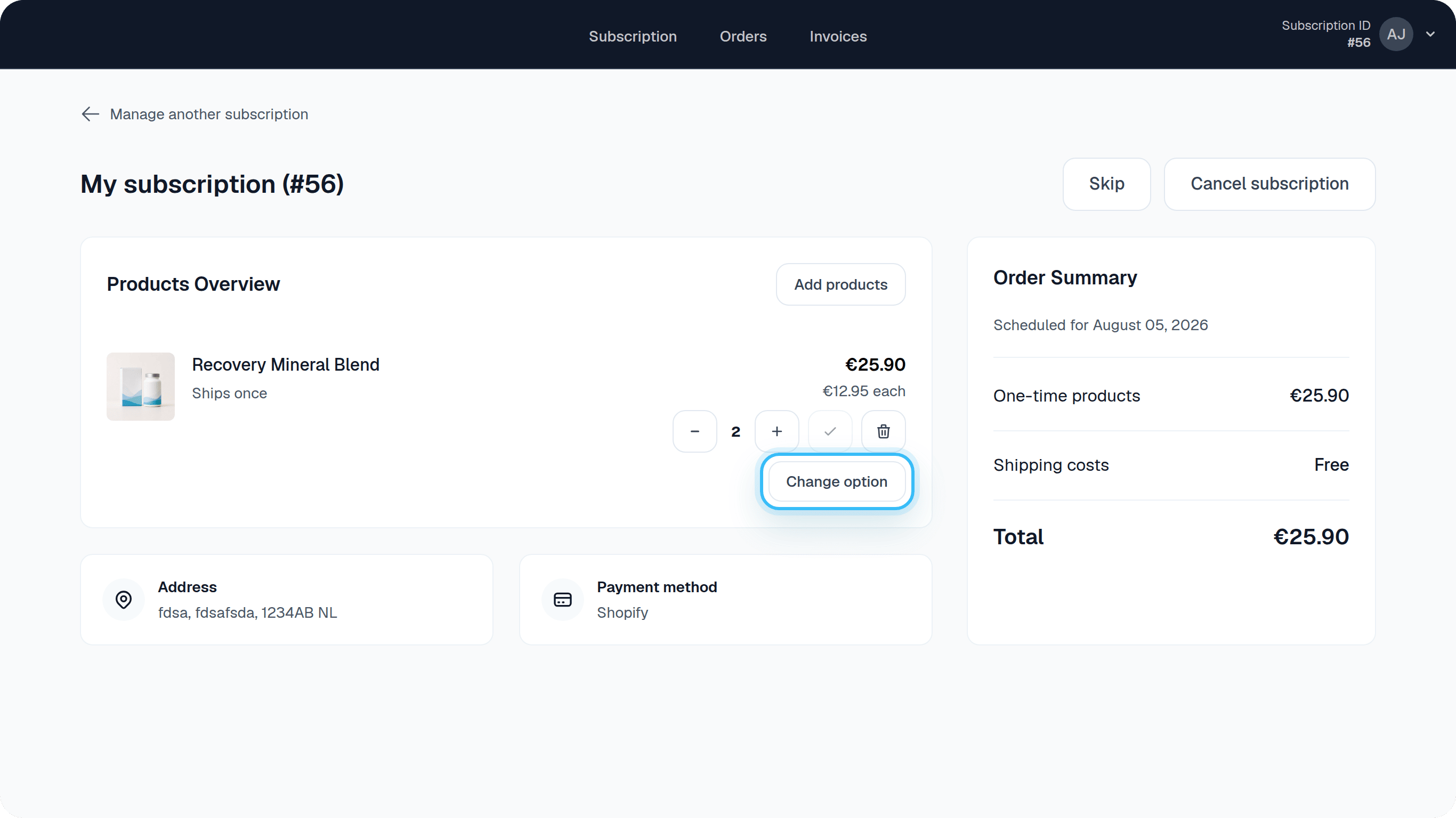 Product swap button in Self Service Center