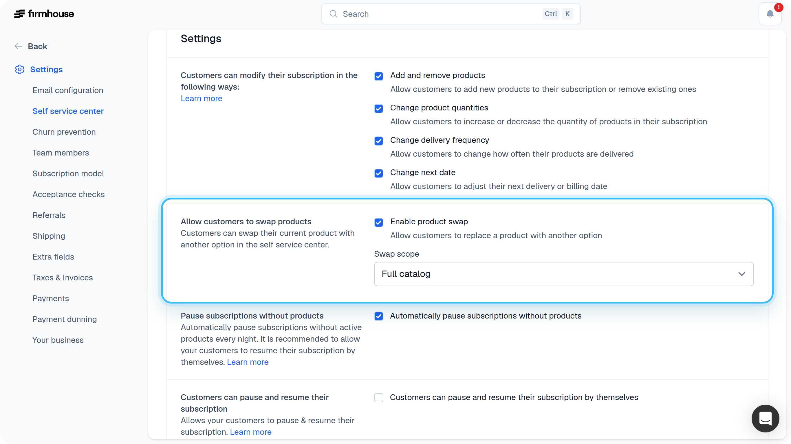 Self Service Center settings with product swap