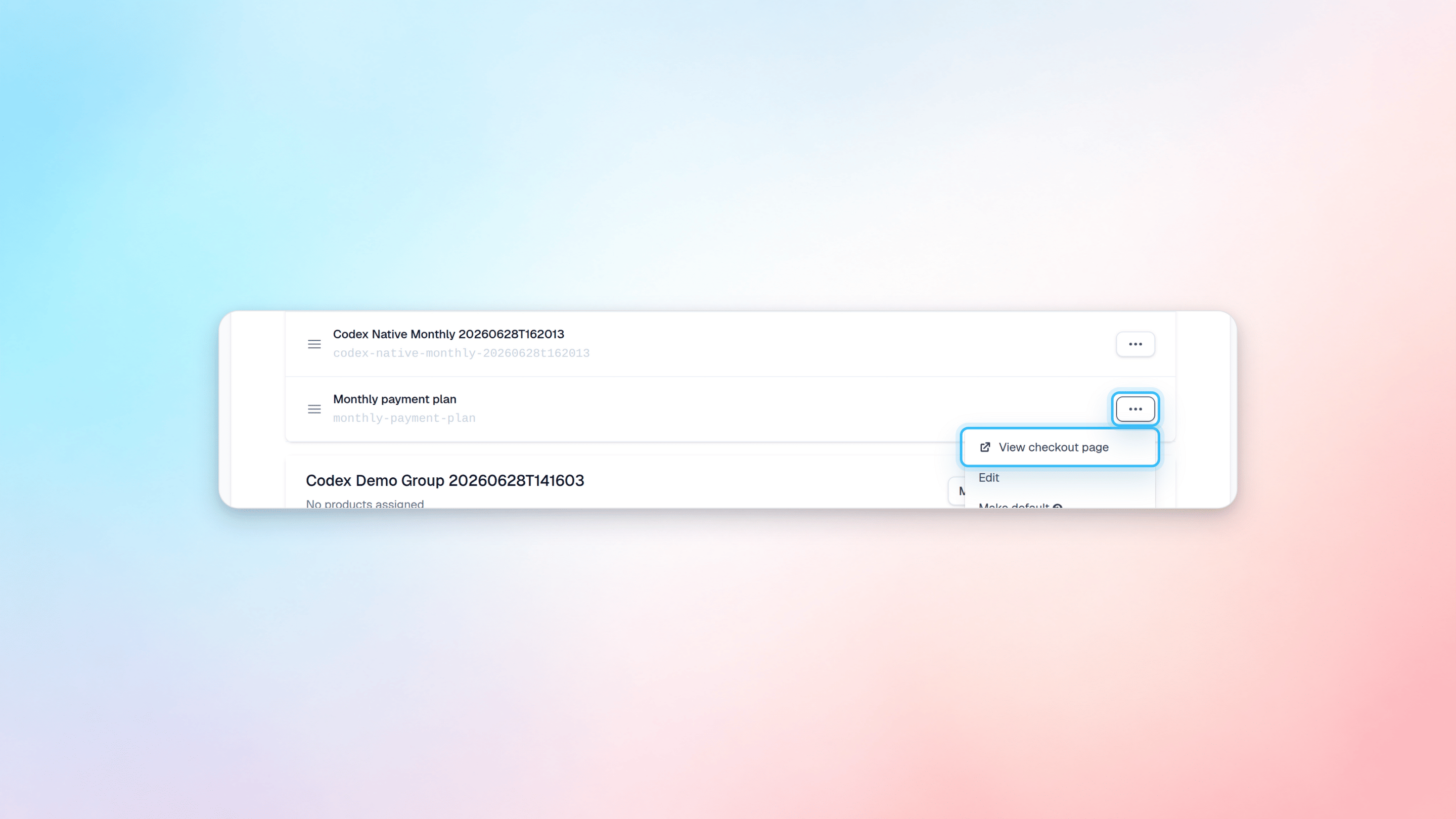 Plan menu with View Payment Page option