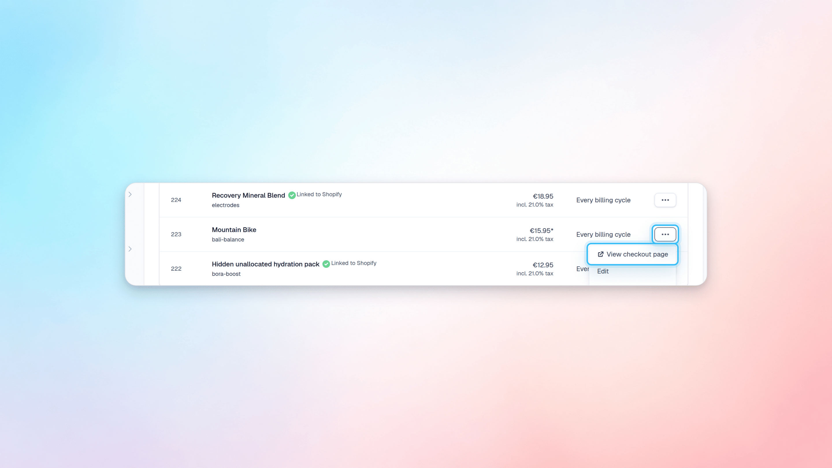Product menu with View Payment Page option
