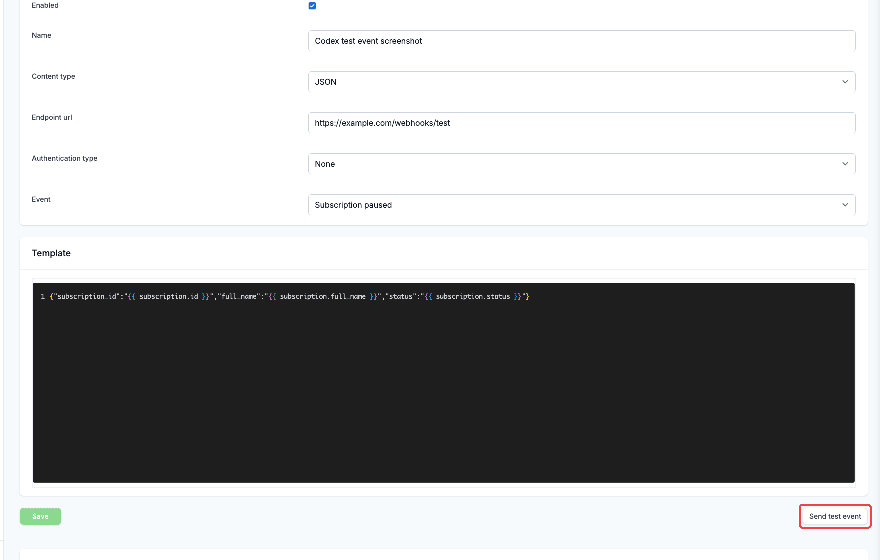 Send test event on outgoing webhook