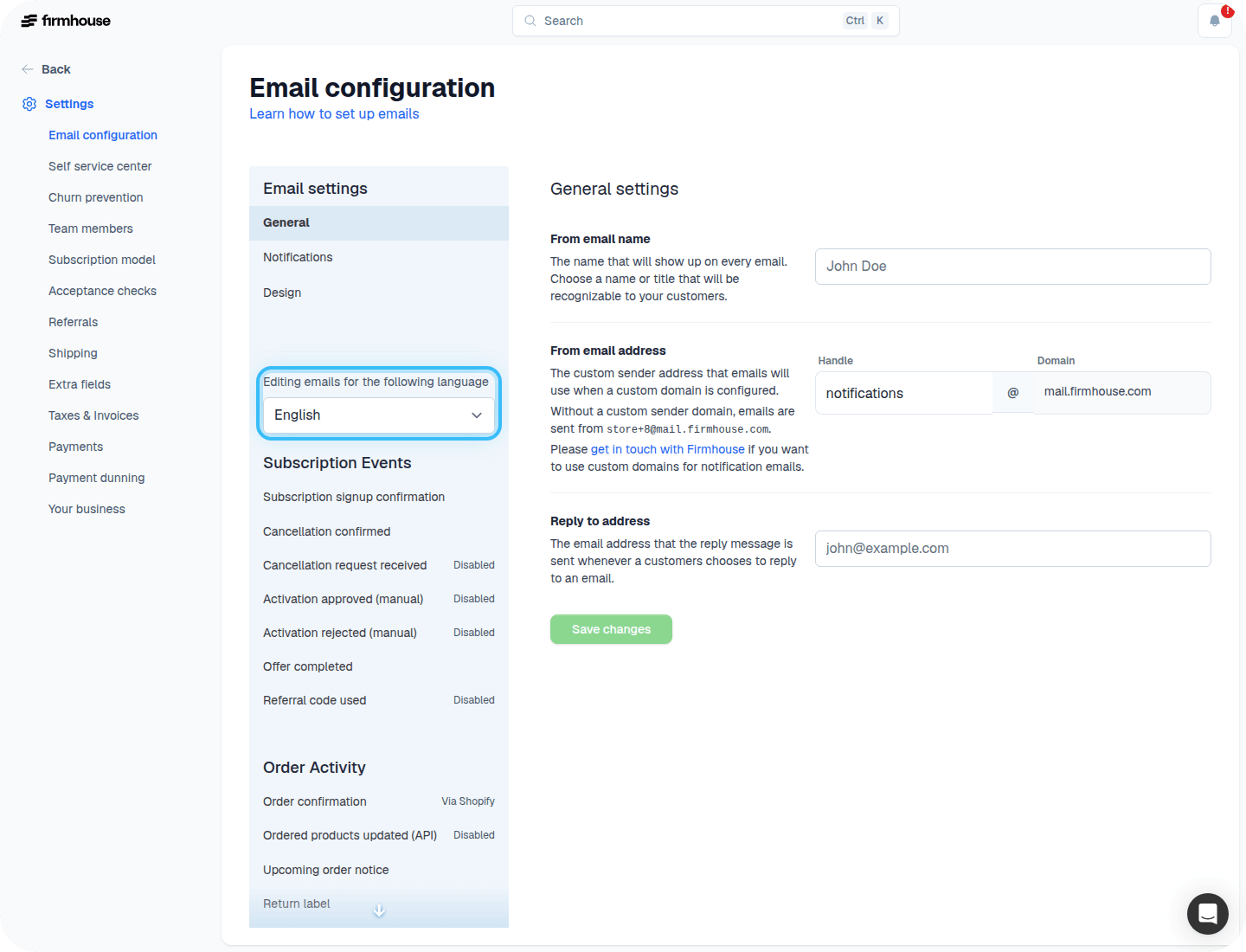 Email configuration language switcher