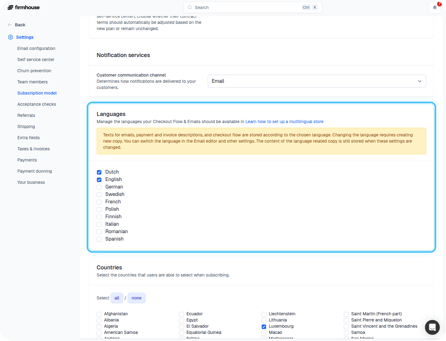 Languages settings in Subscription Model