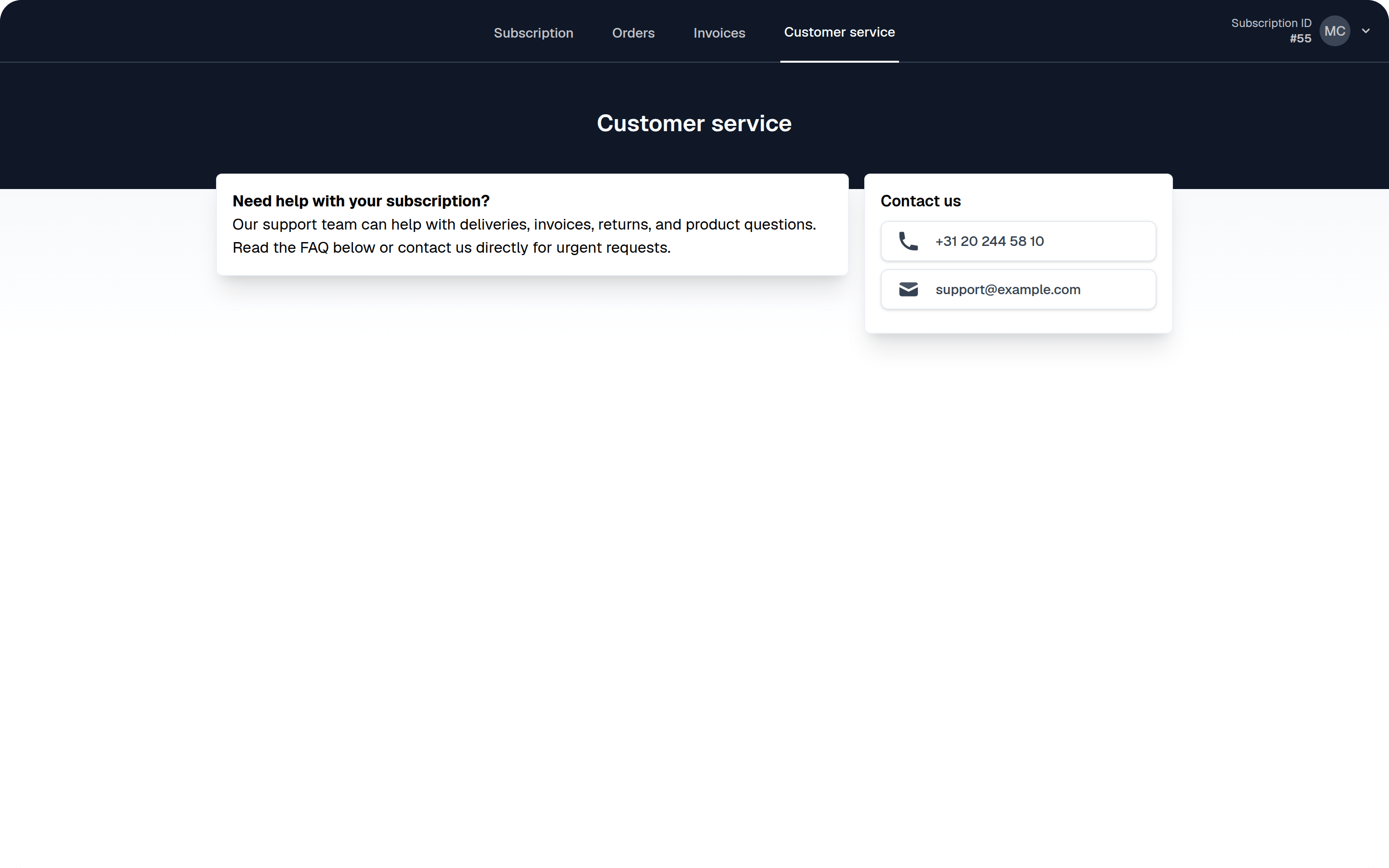 Customer Service Page Example