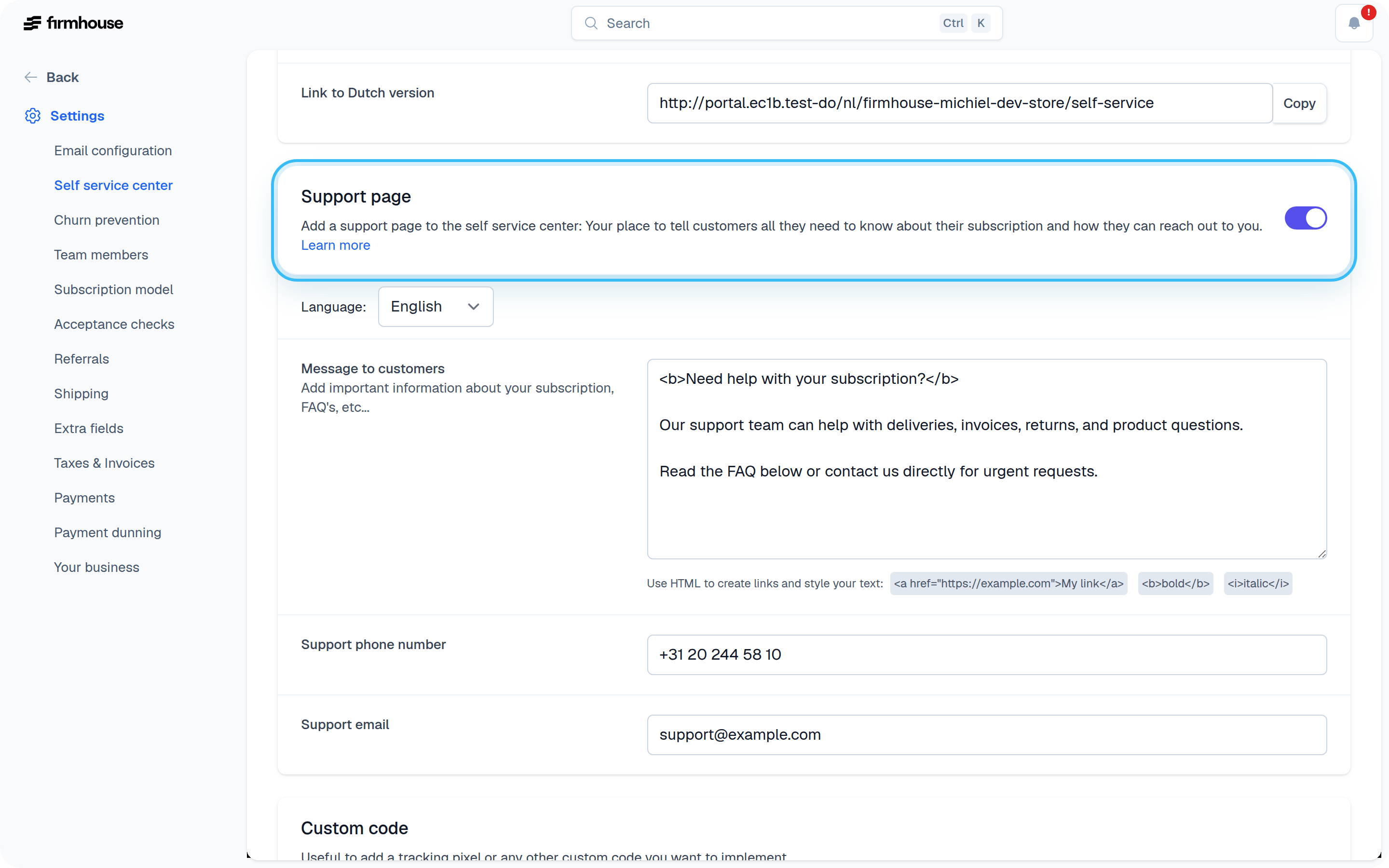 Support Page Settings