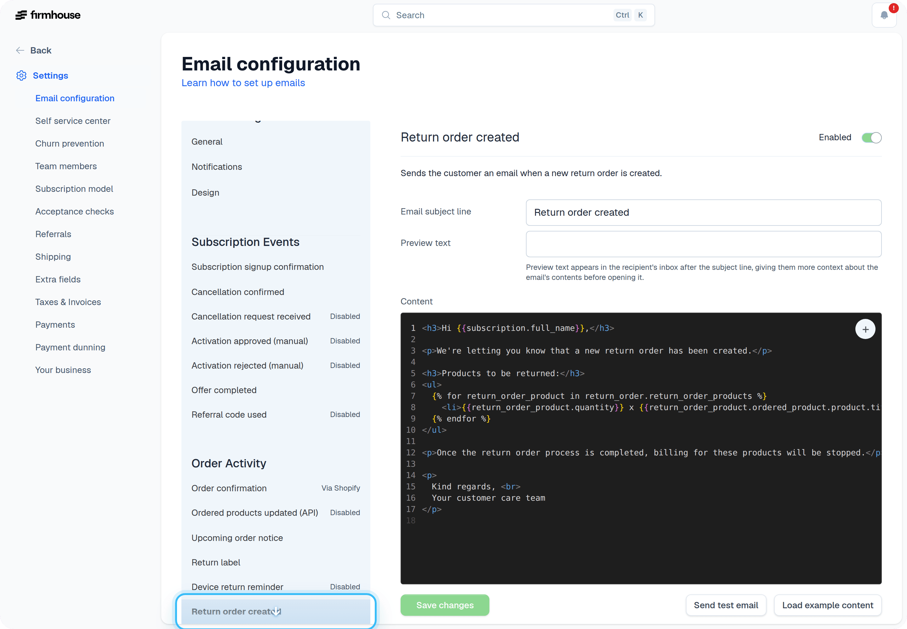 Email configuration for returns