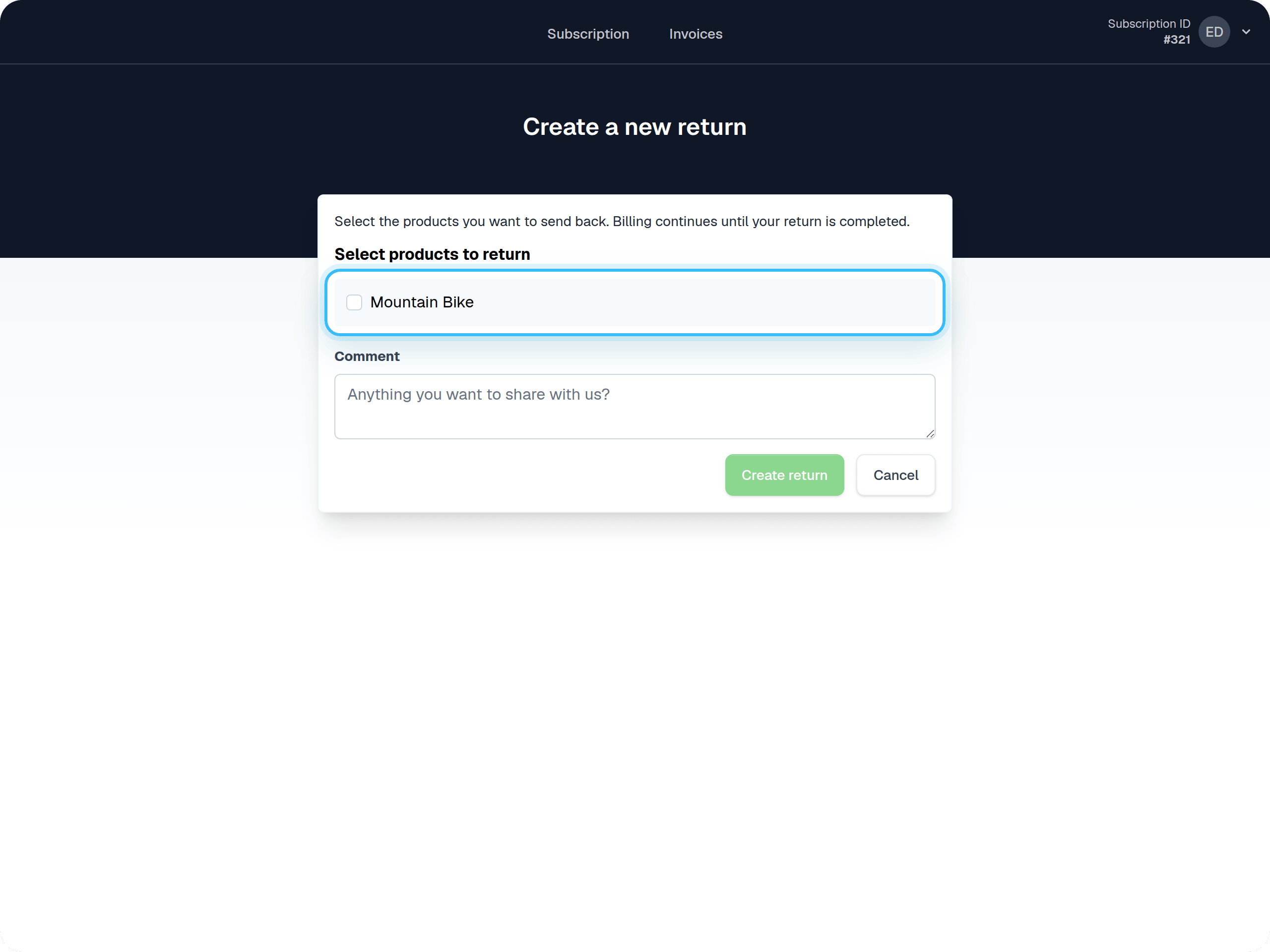 Create new return product selection