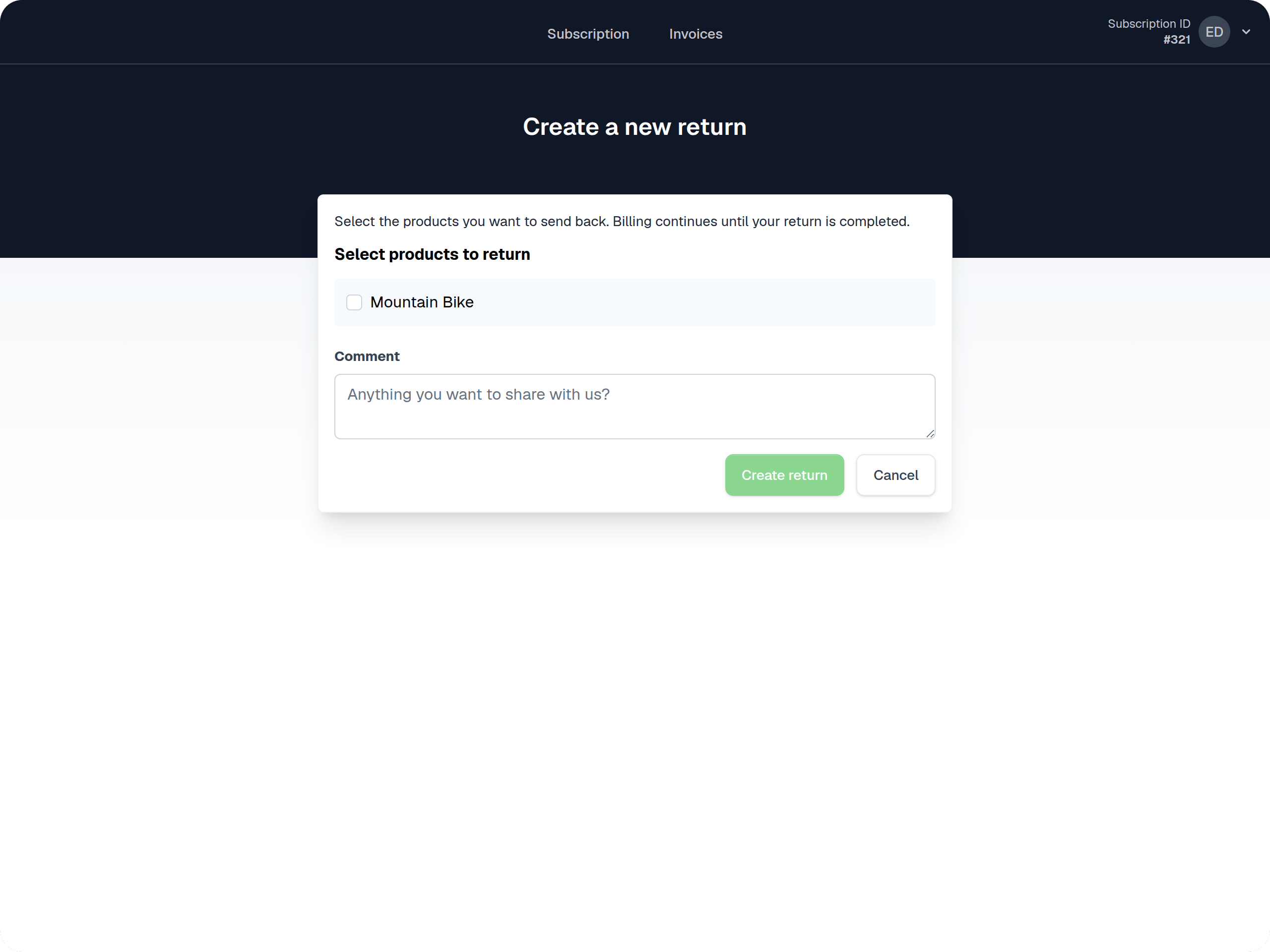Return creation page customer view