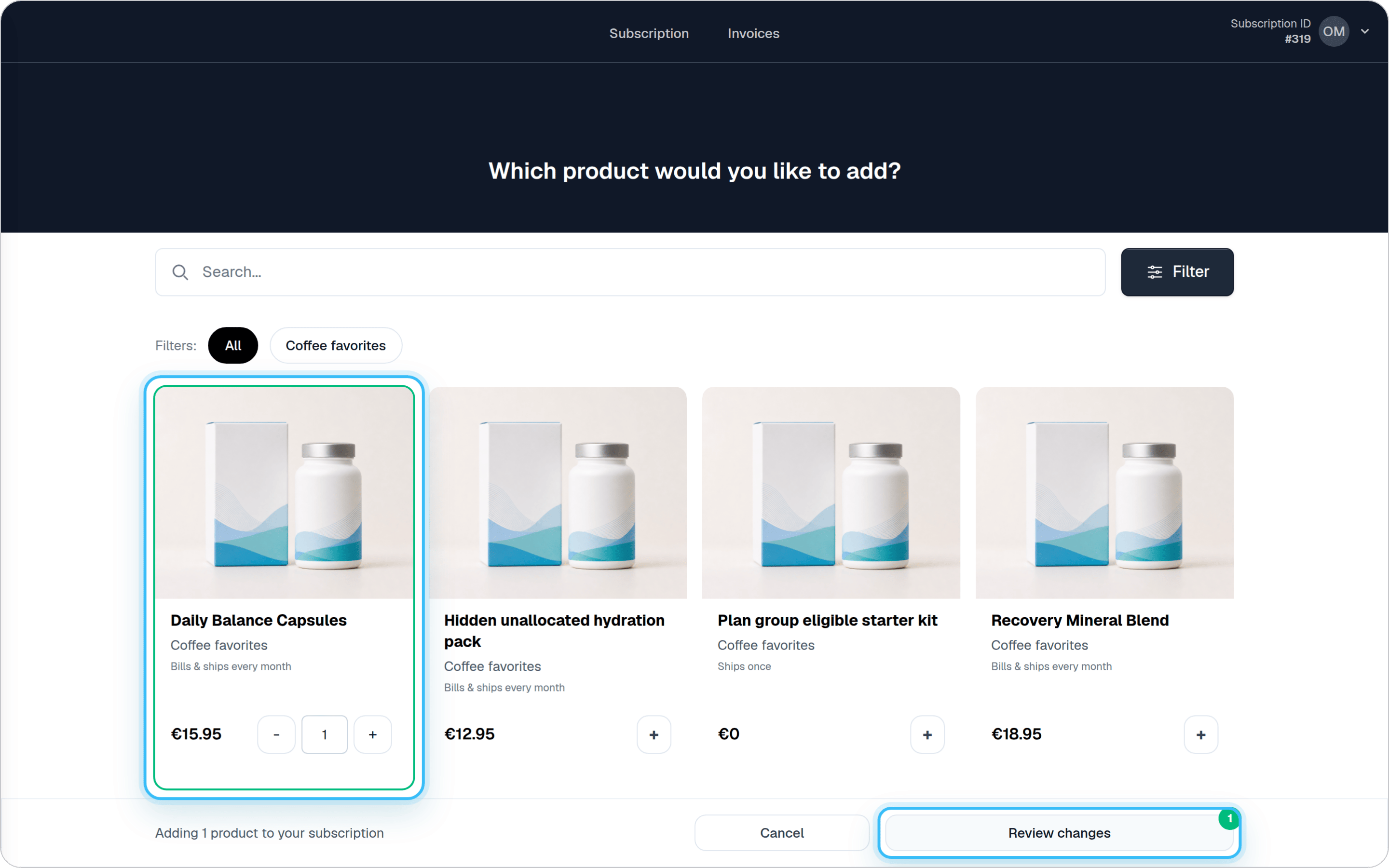 Product selection screen