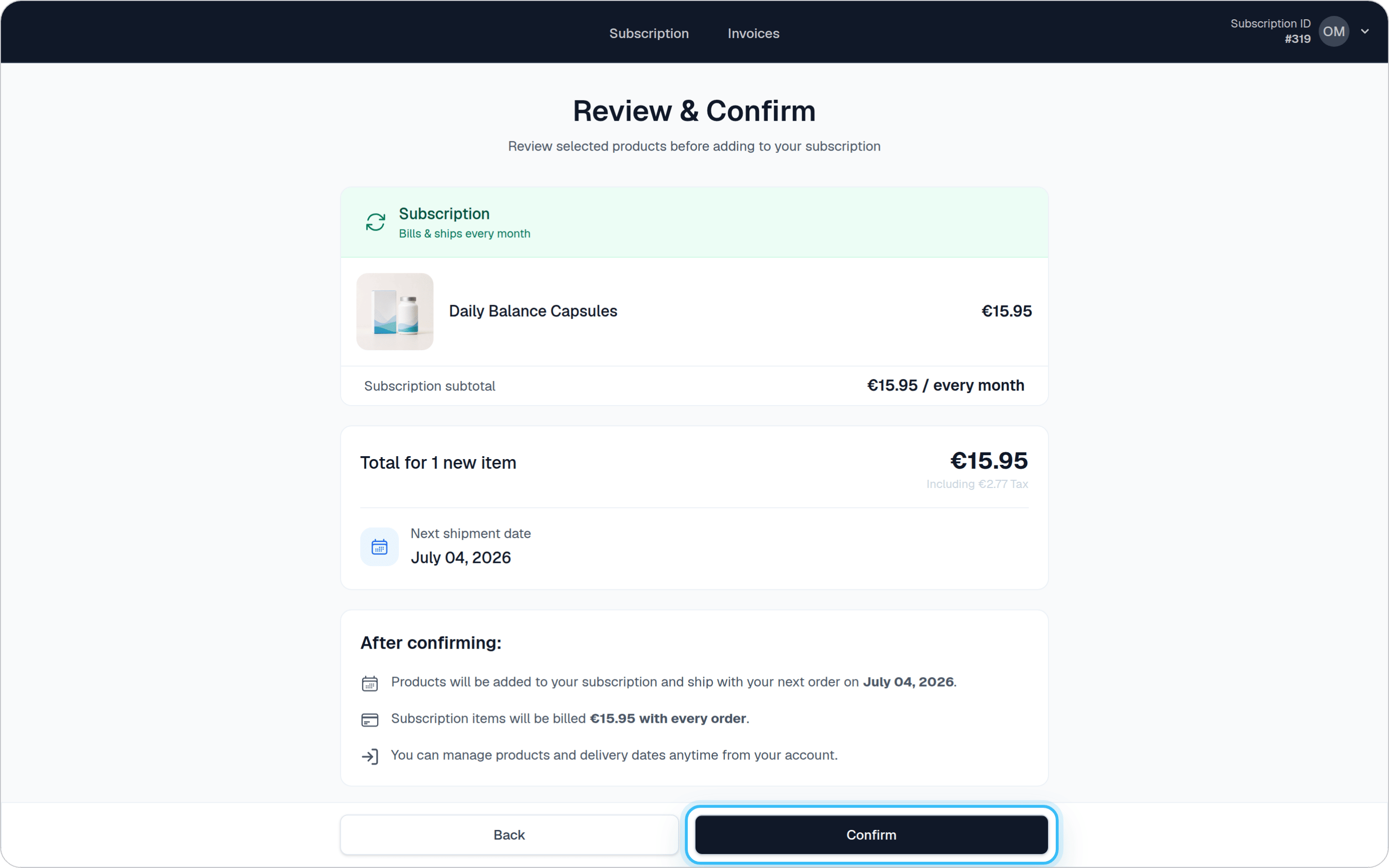 Review and confirm screen