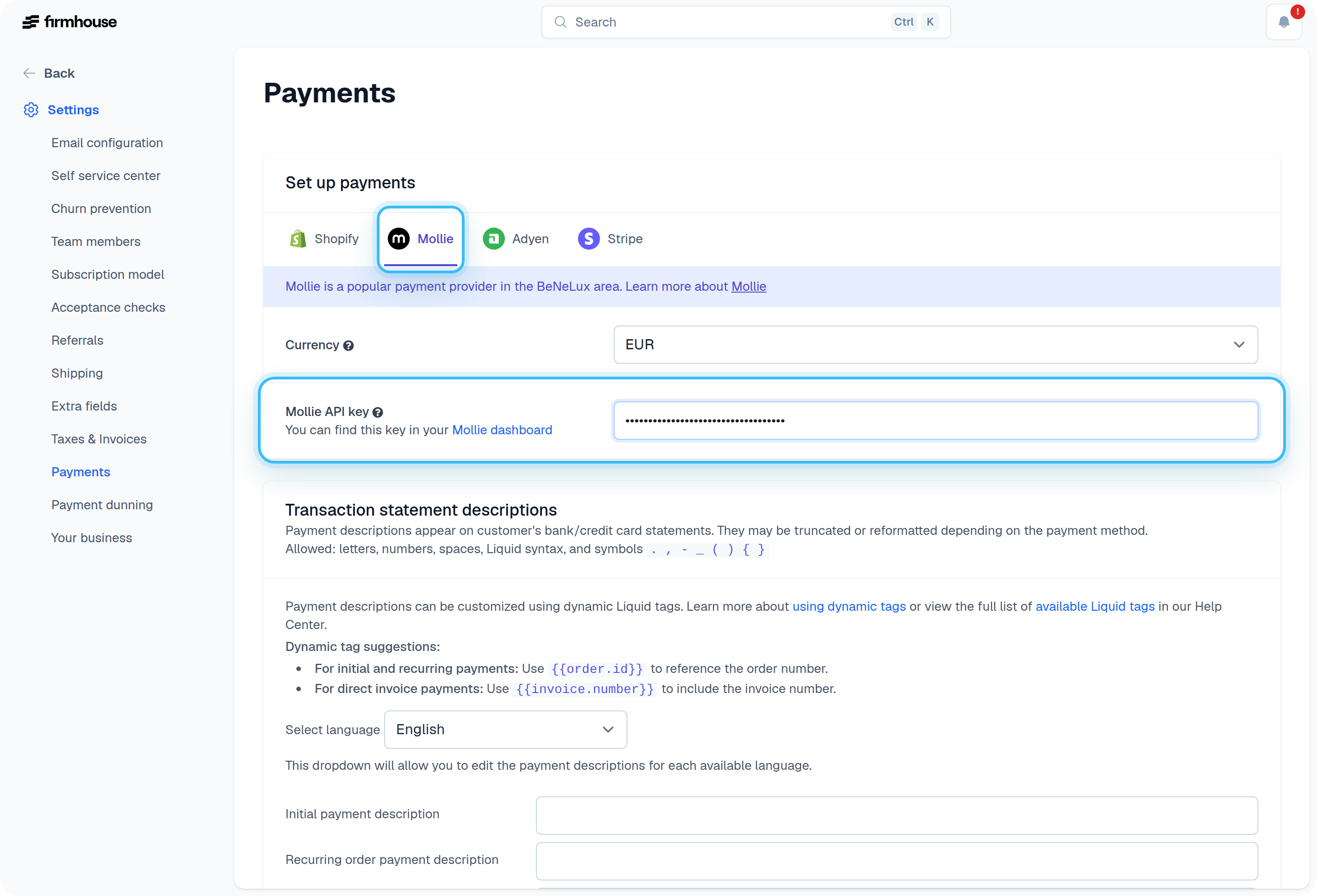 Firmhouse Payments Settings with Mollie