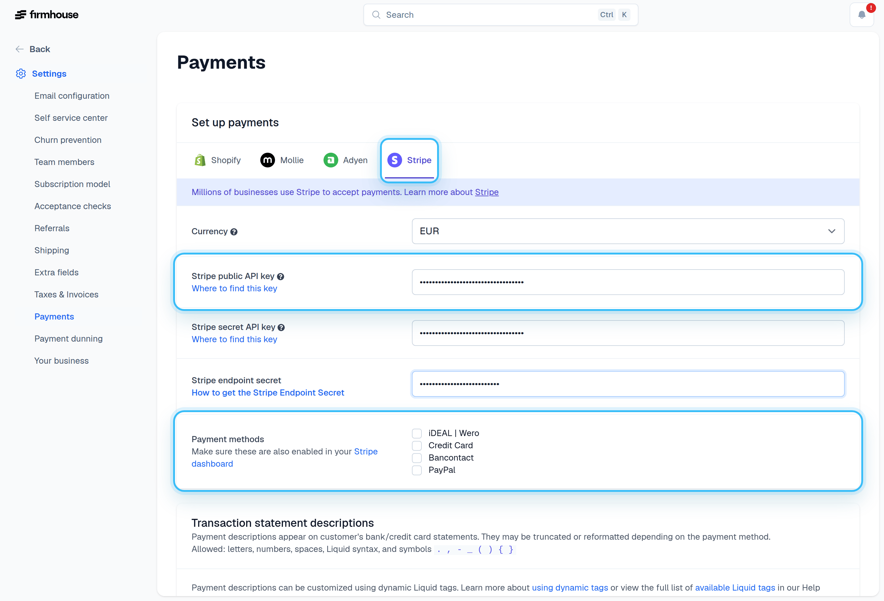 Firmhouse Payments Settings with Stripe