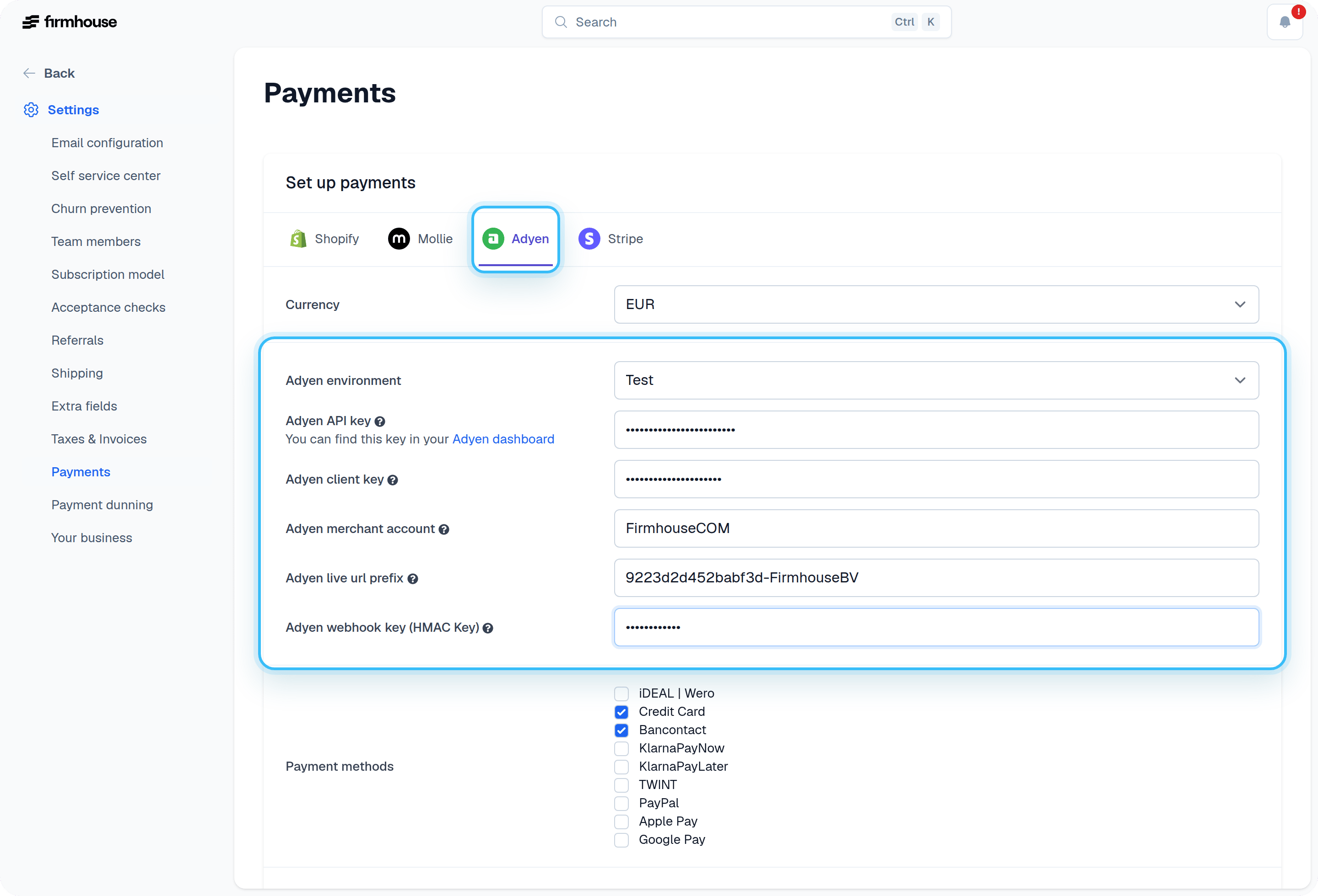 Firmhouse Adyen settings