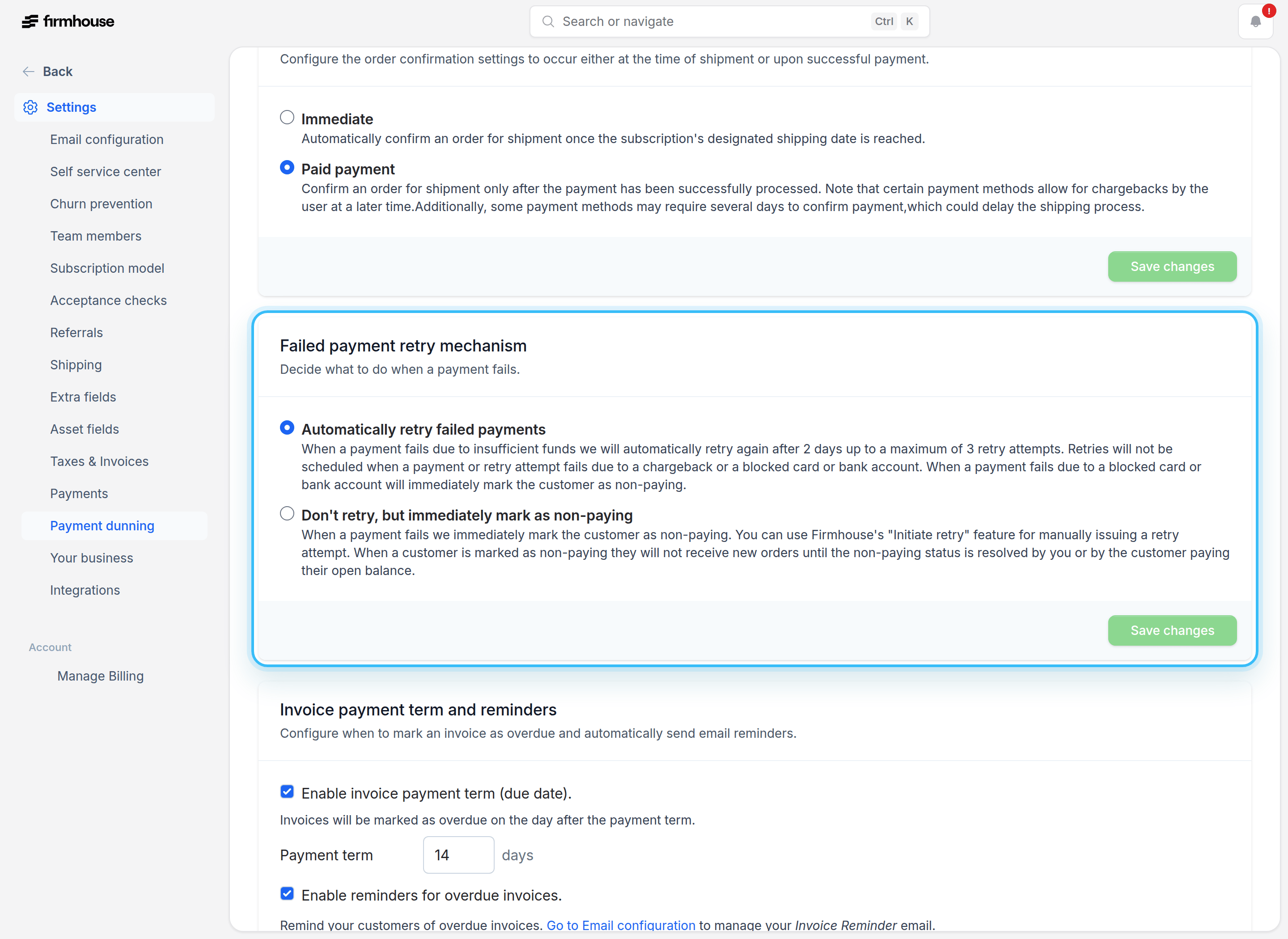 Failed Payment Retry Settings