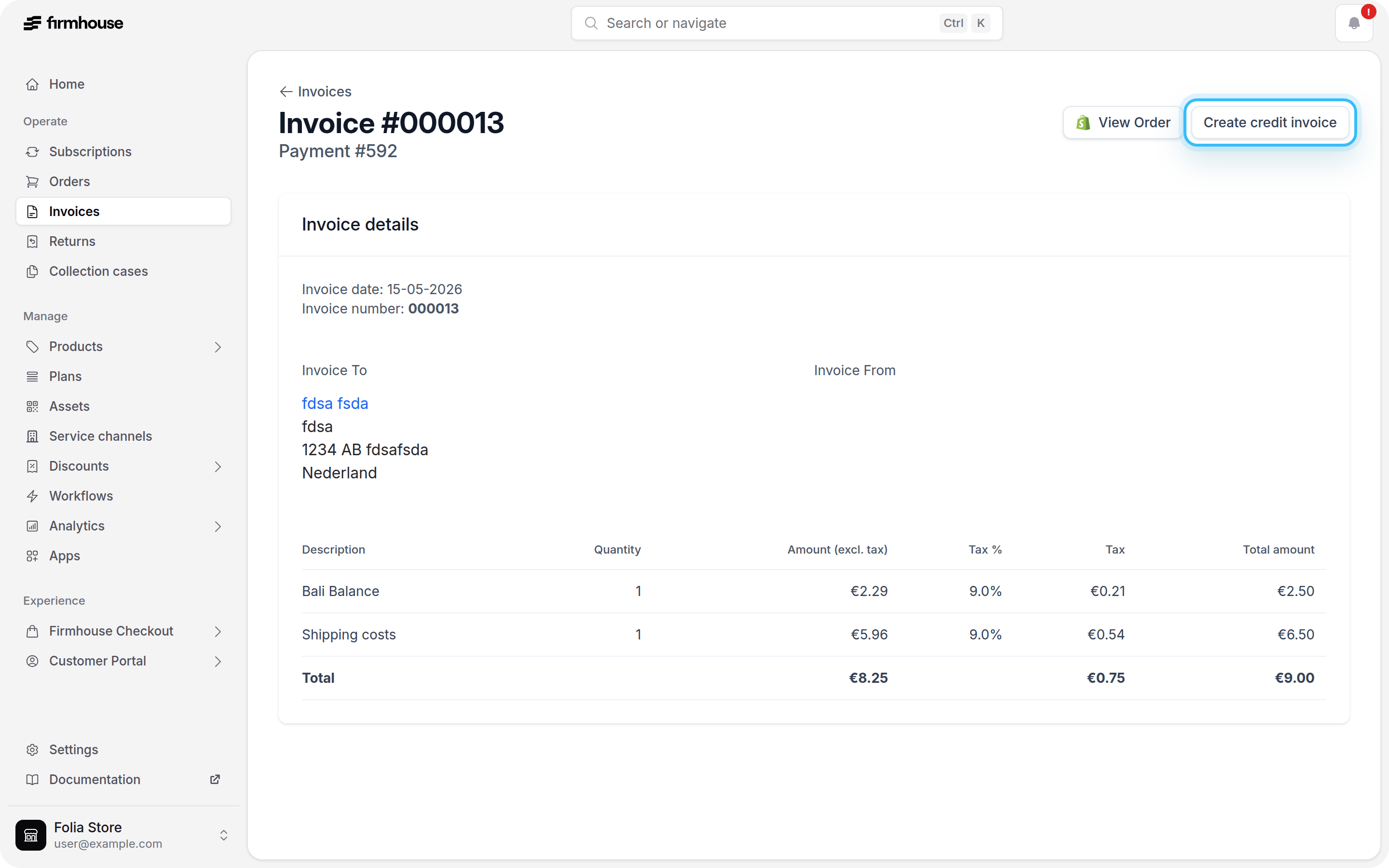 Invoice Detail with Create Credit Invoice Button