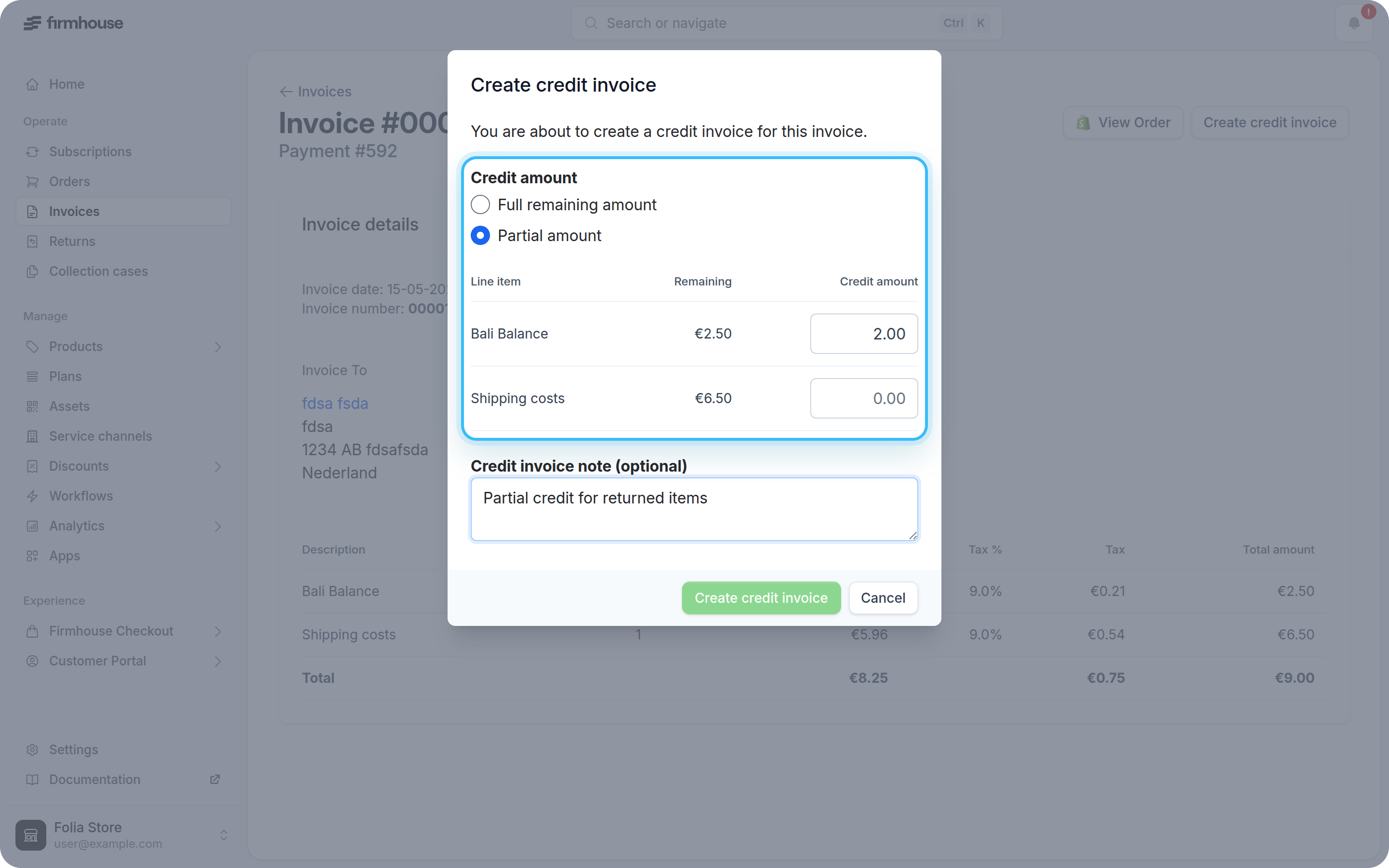 Create Partial Credit Invoice
