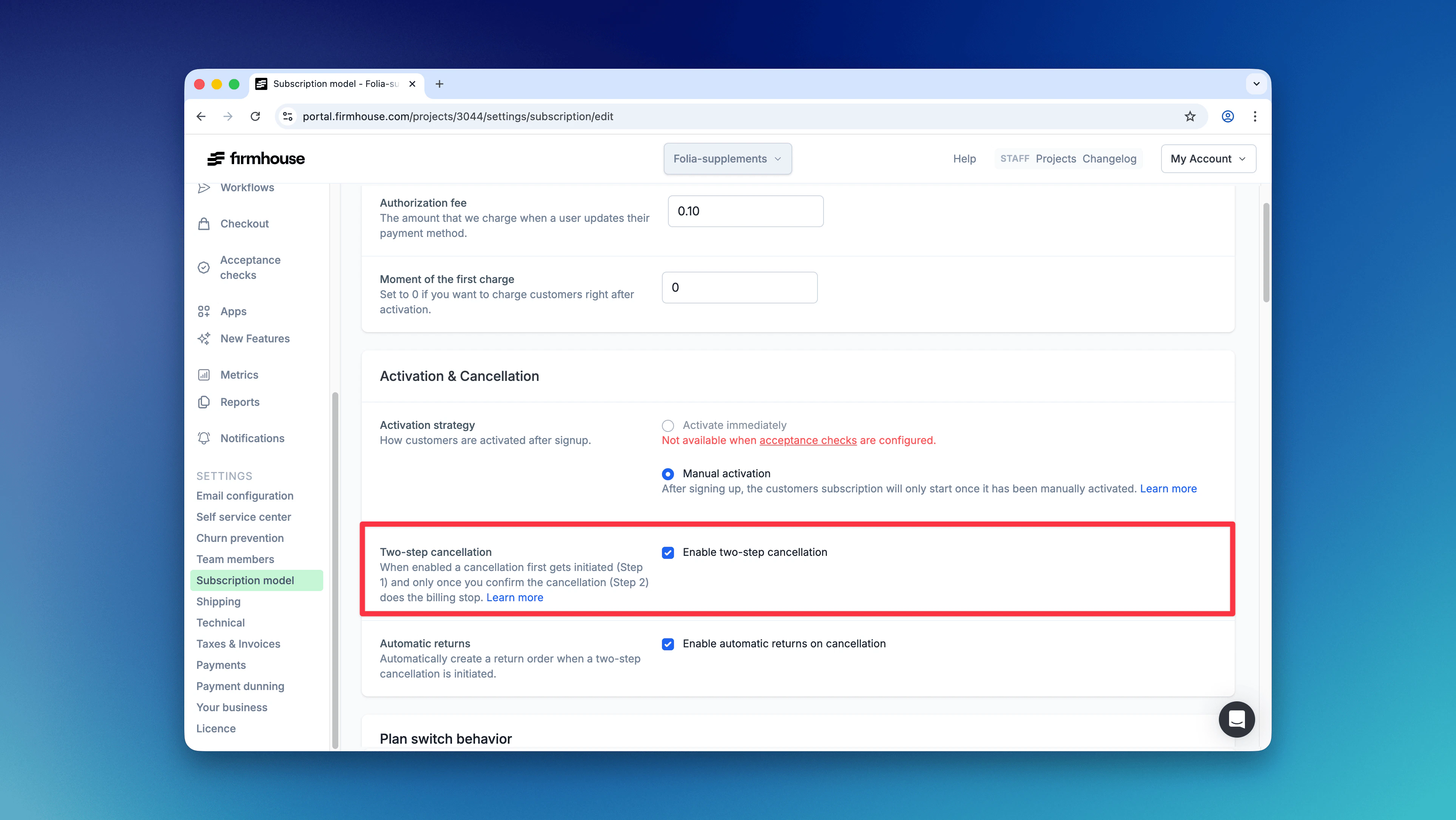 Two Step Cancelation Setting