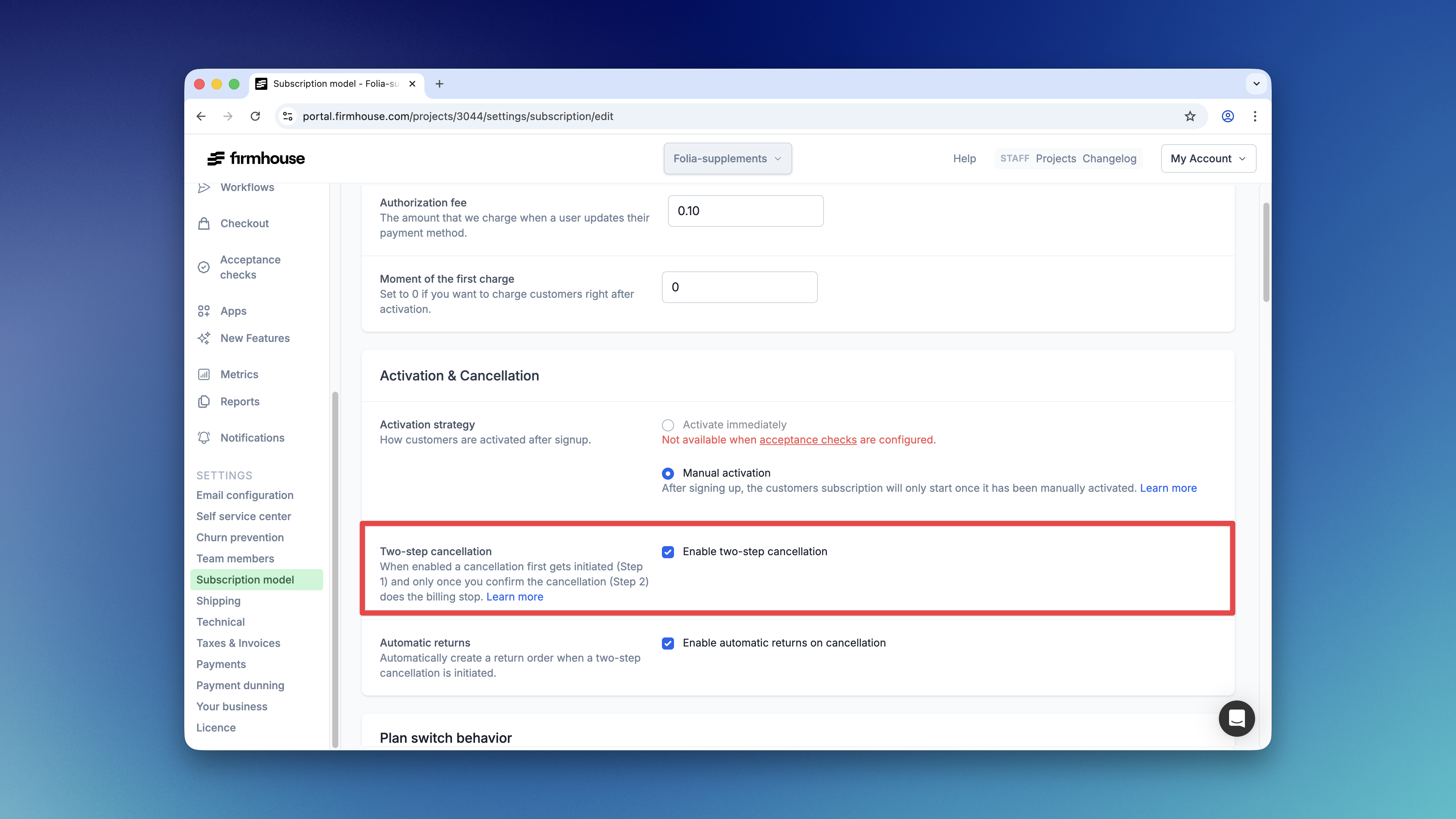 Two Step Cancelation Setting