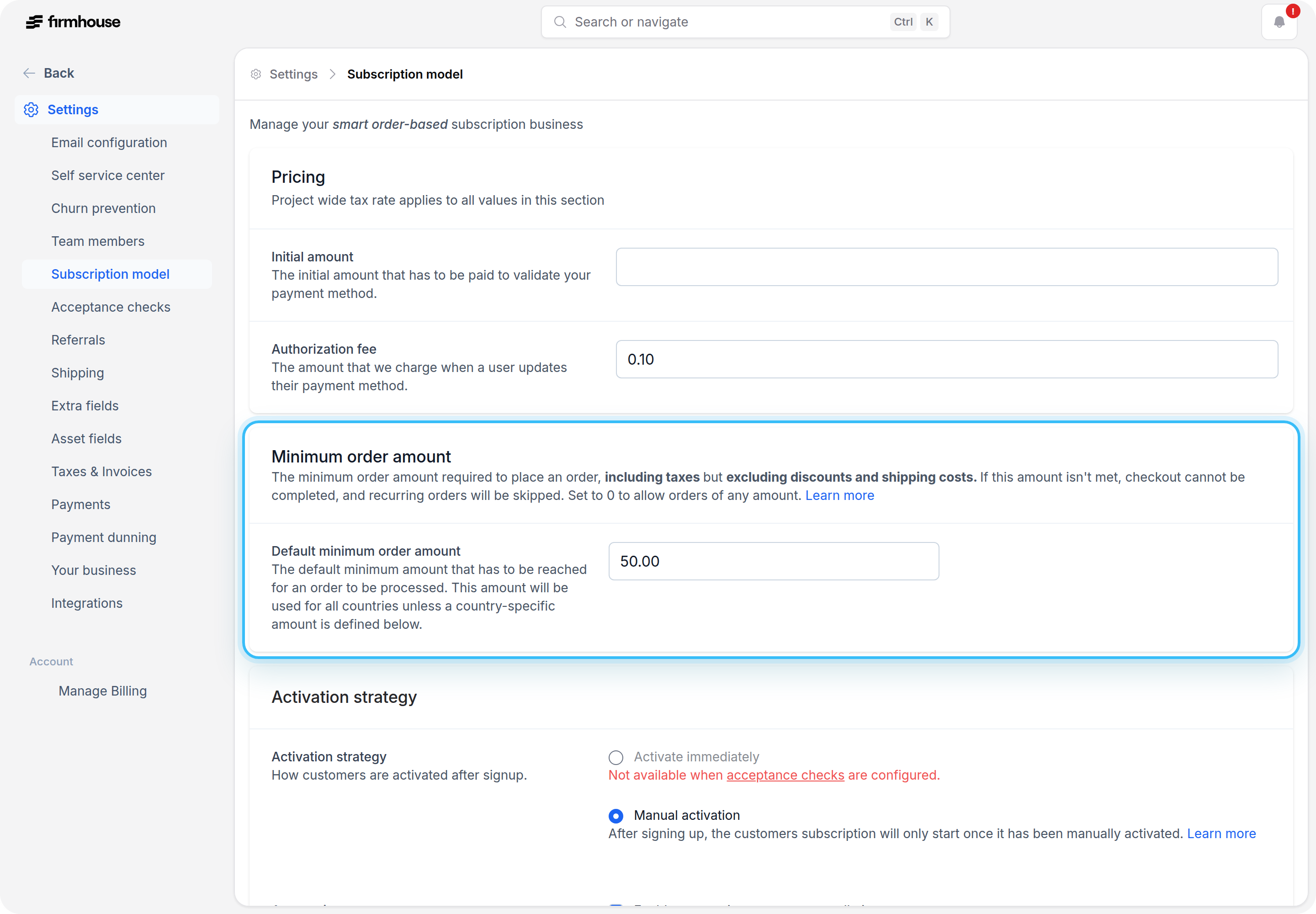 Minimum order amount settings
