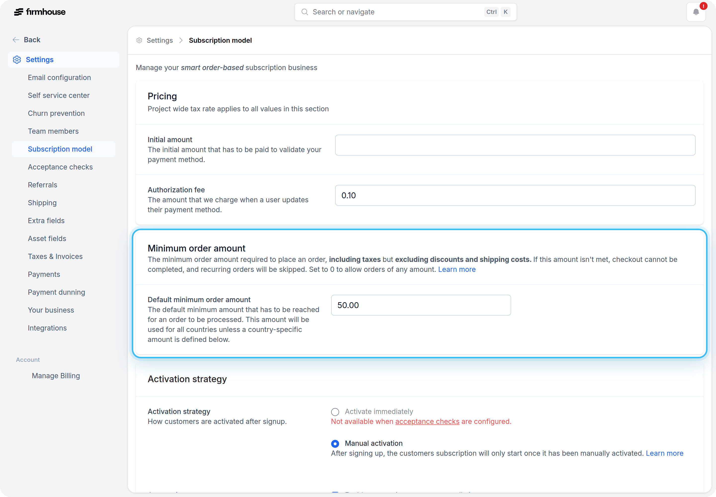 Minimum order amount settings