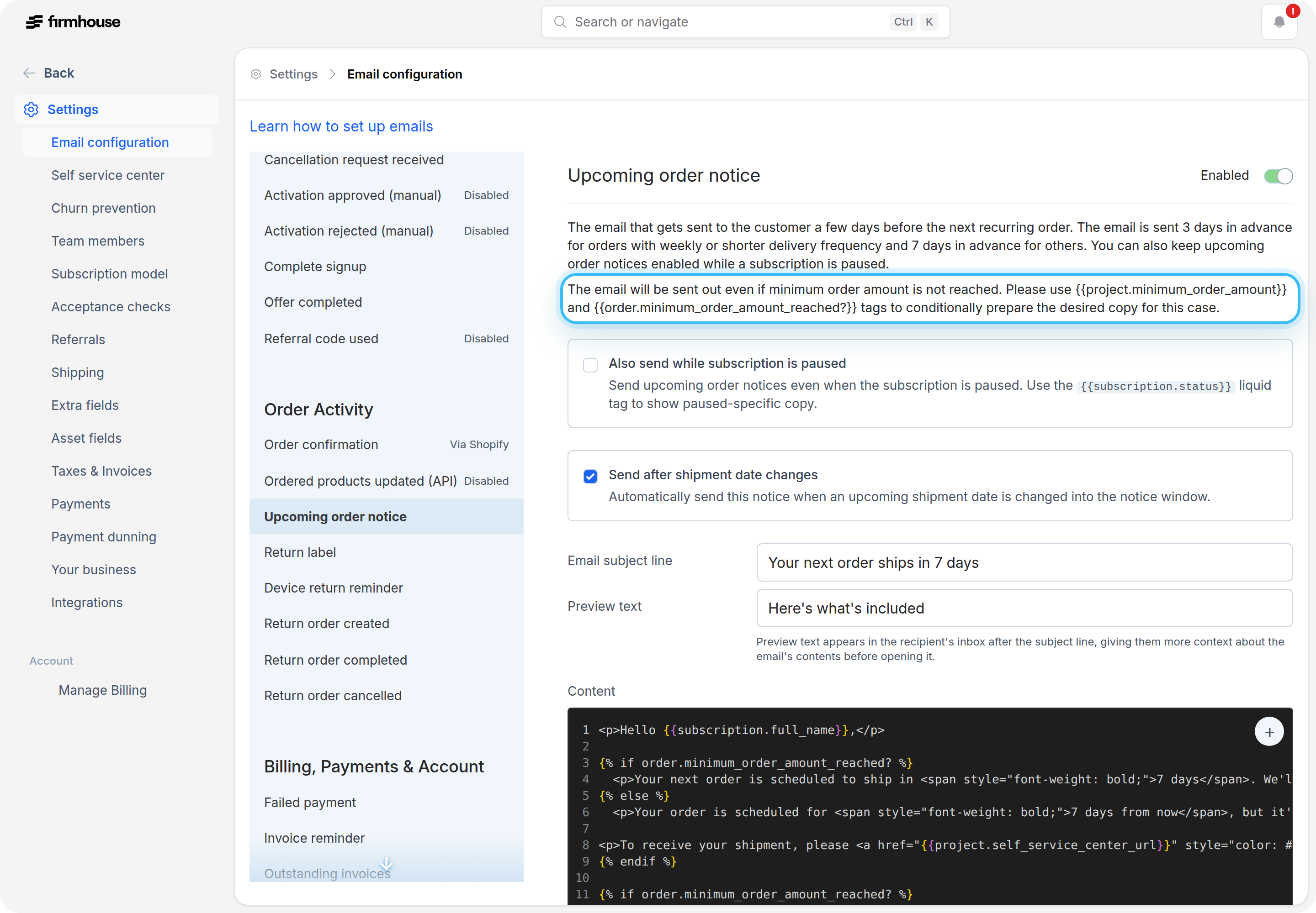 Upcoming order notice email configuration