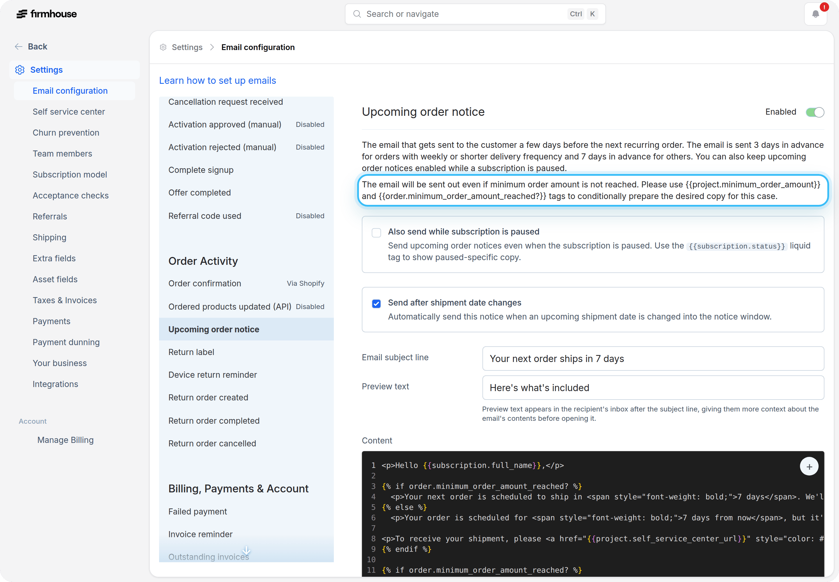 Upcoming order notice email configuration