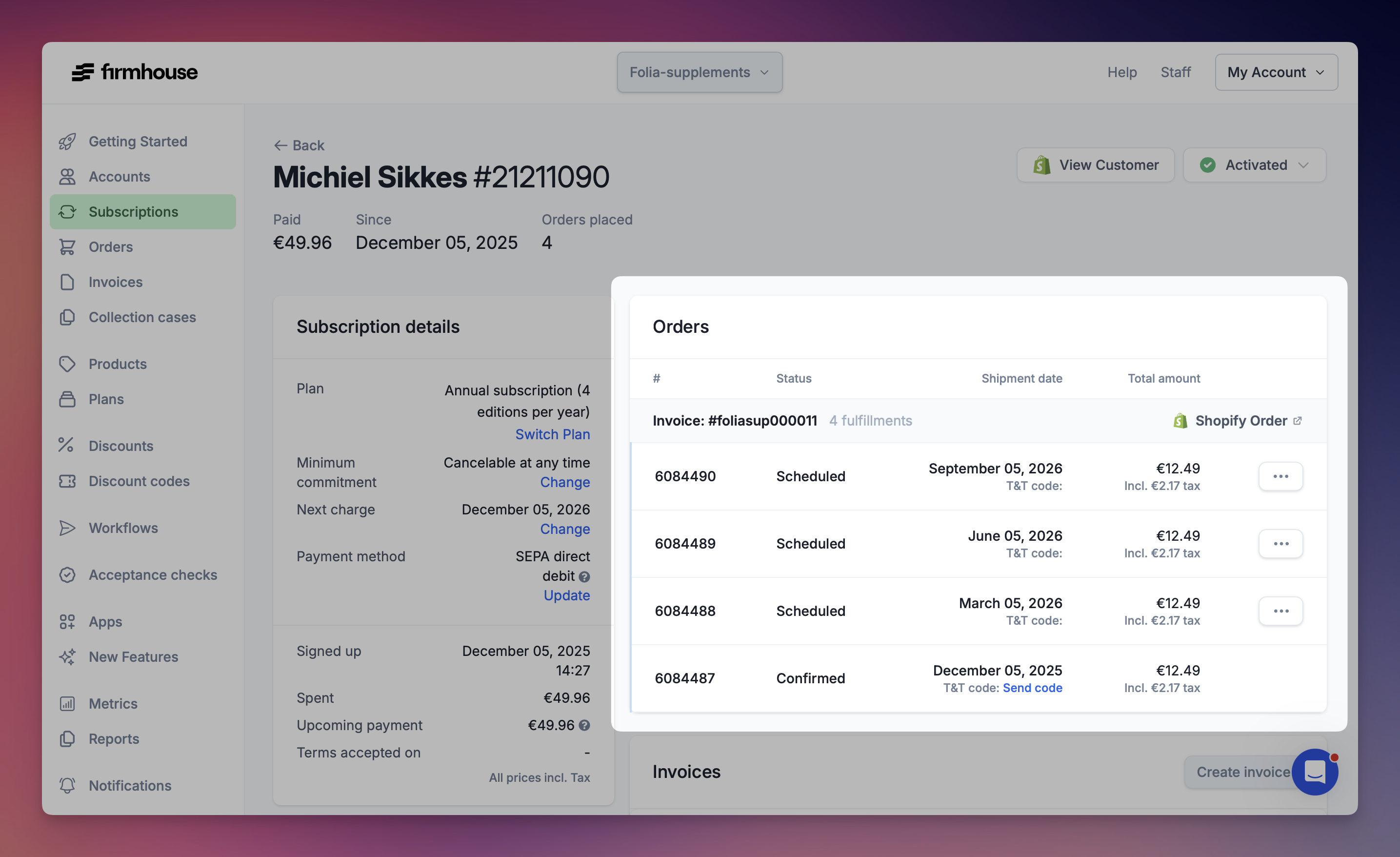 Scheduled orders in Firmhouse