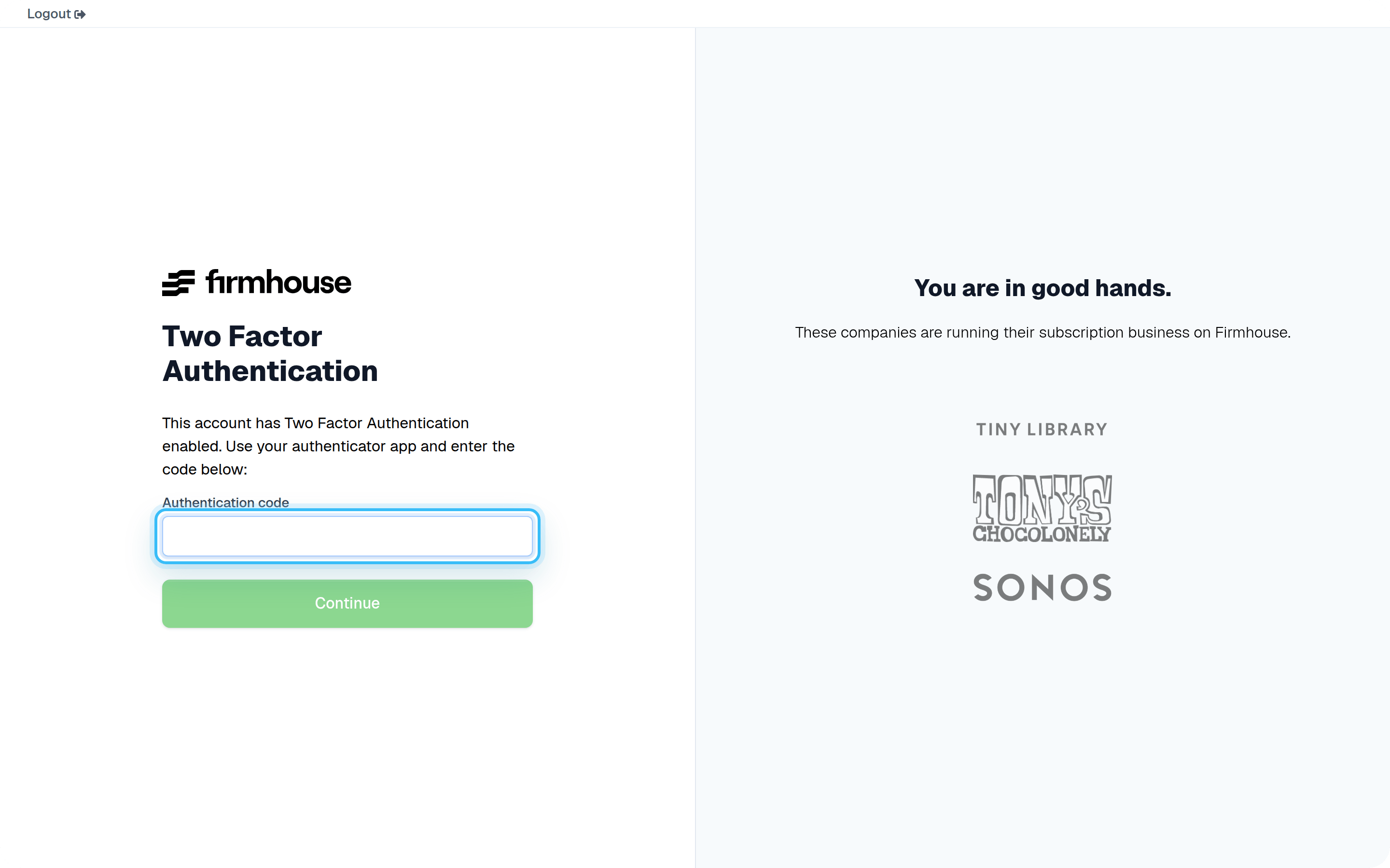 Enter authentication code screen