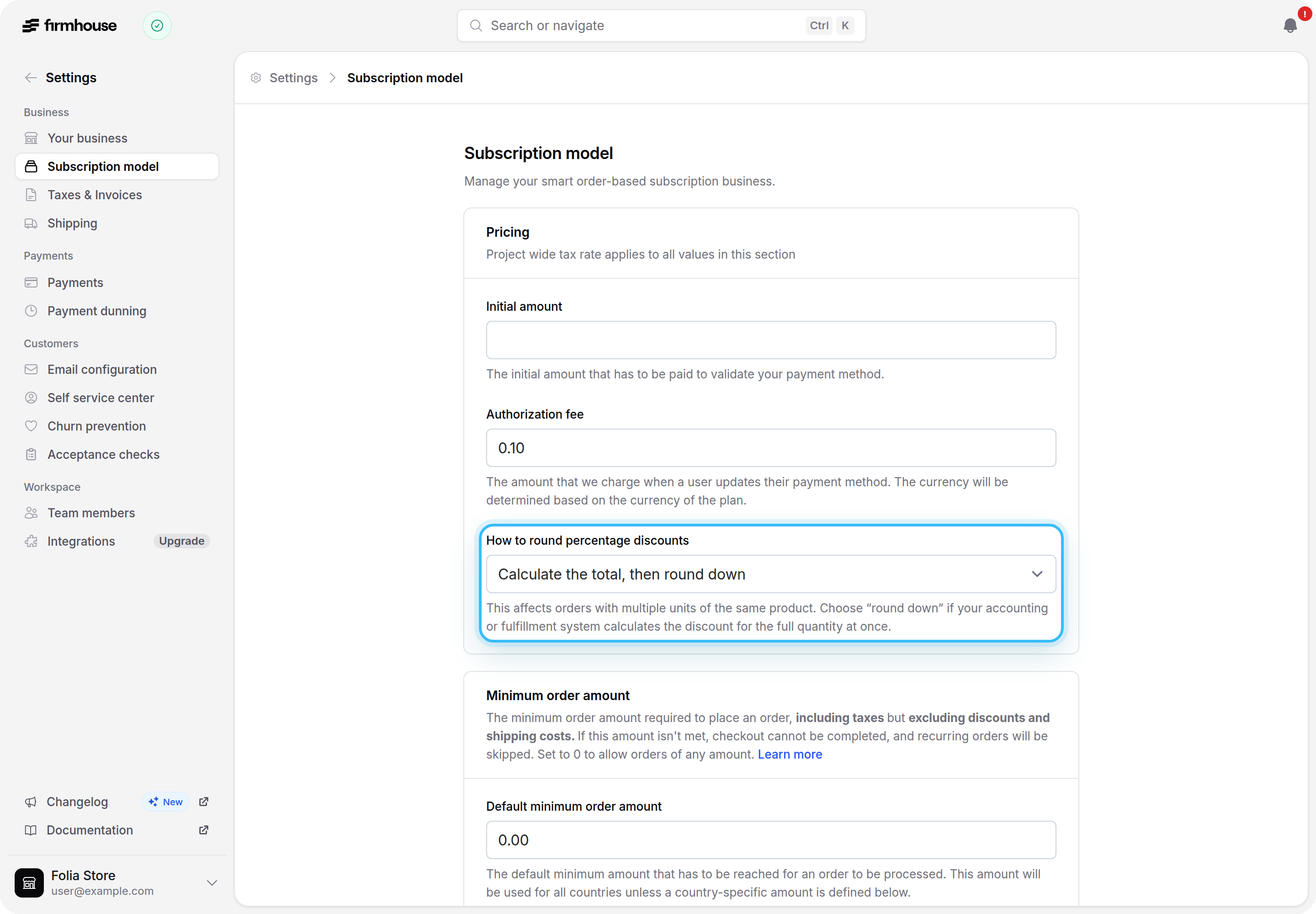 Subscription model settings with line-level percentage discount rounding selected