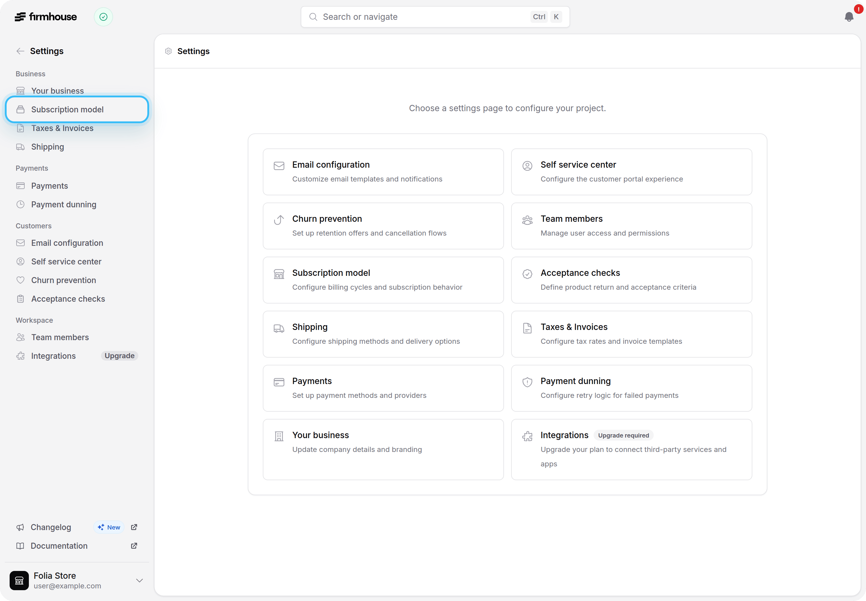 Project settings with Subscription model highlighted