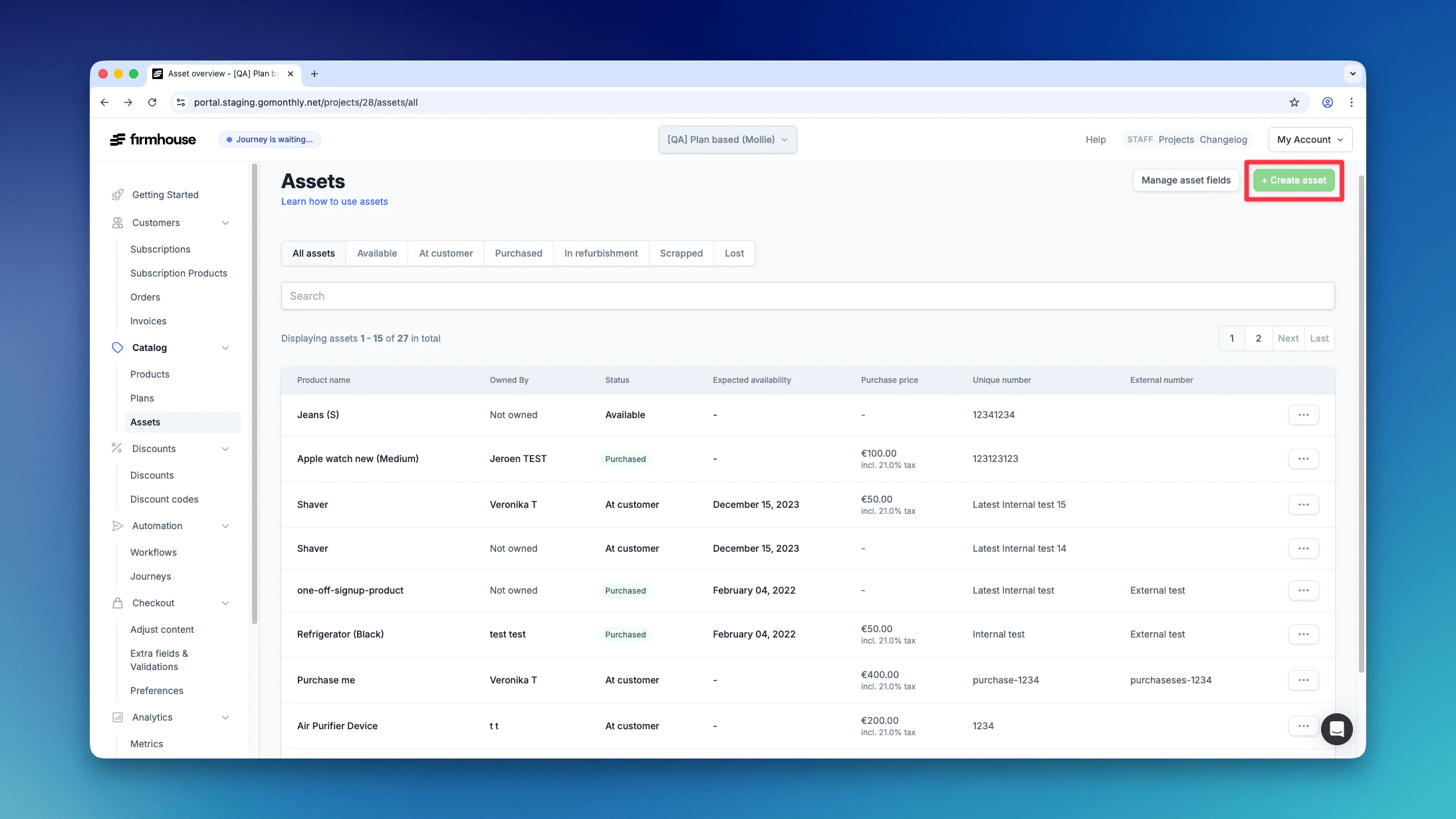 Assets Overview Create Button