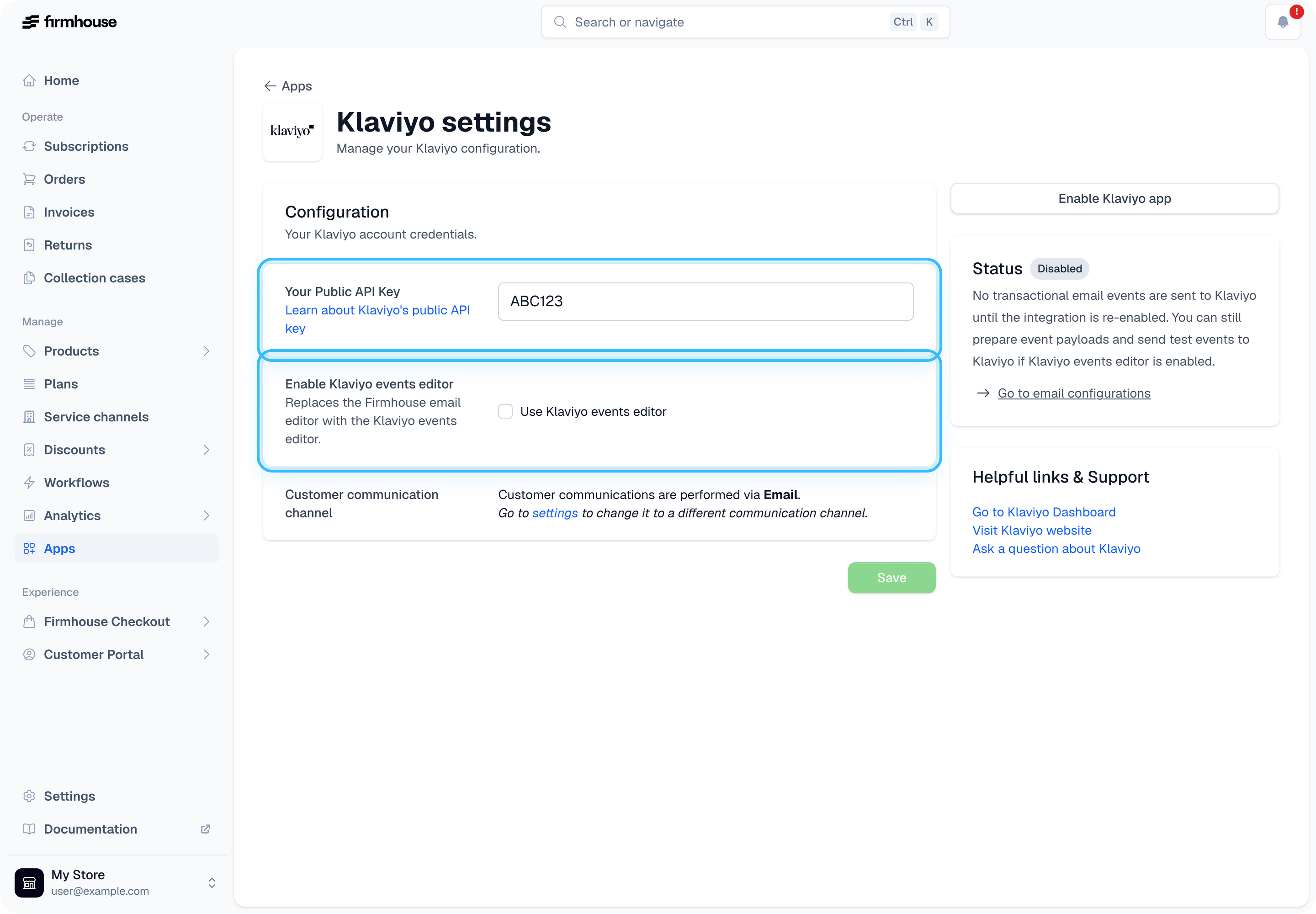 Klaviyo API key configuration