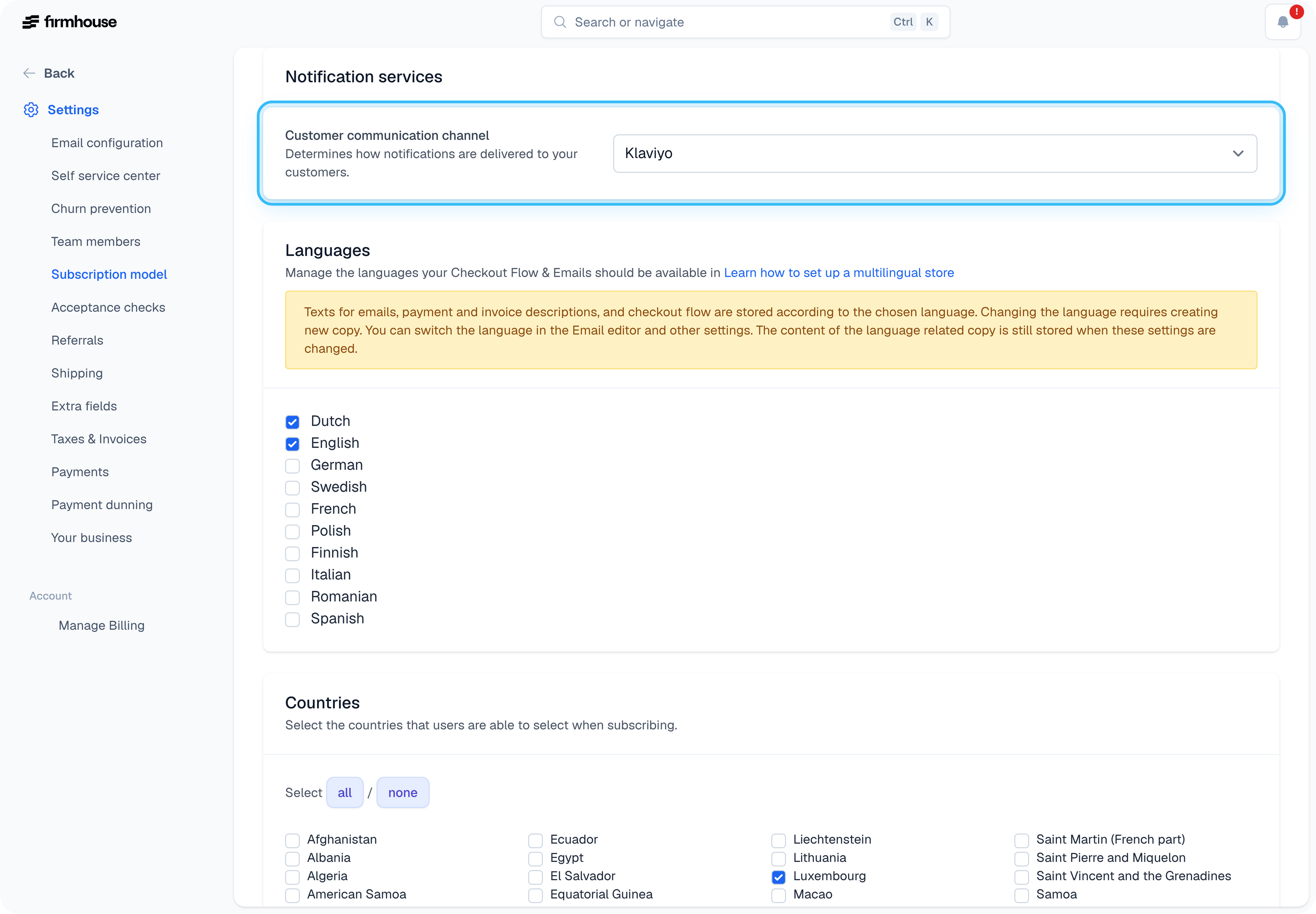 Change communication channel to Klaviyo