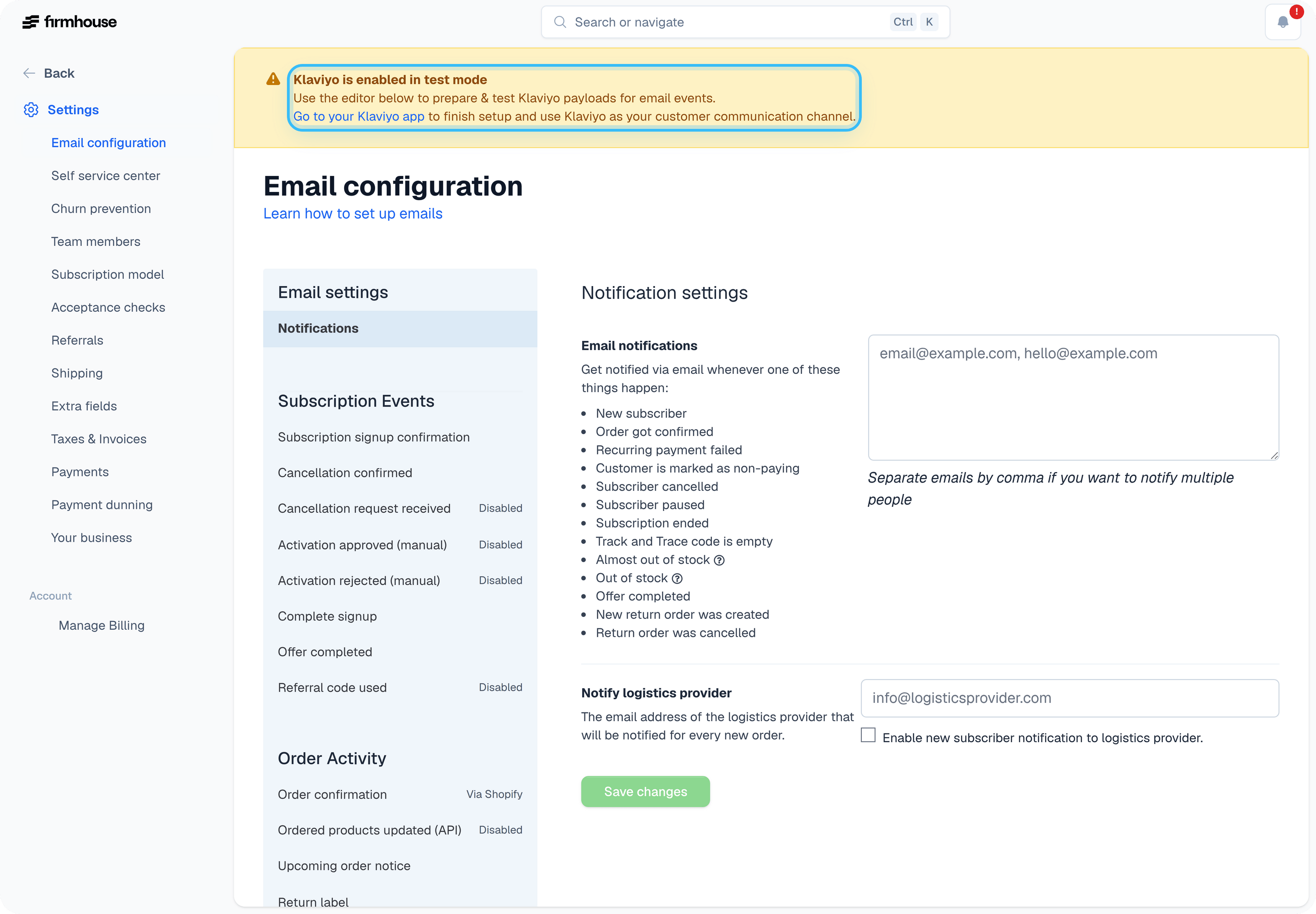 Email configuration test mode