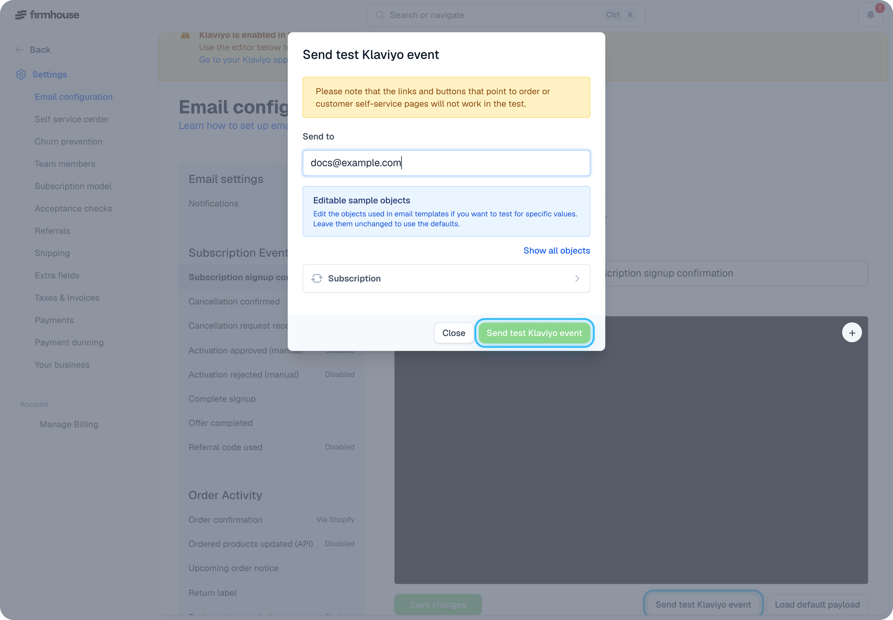 Send test Klaviyo event